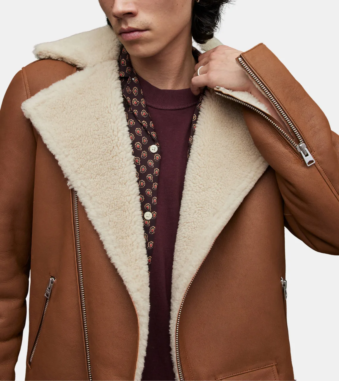 Averill Men's Brown Shearling Notched Collar Leather Jacket