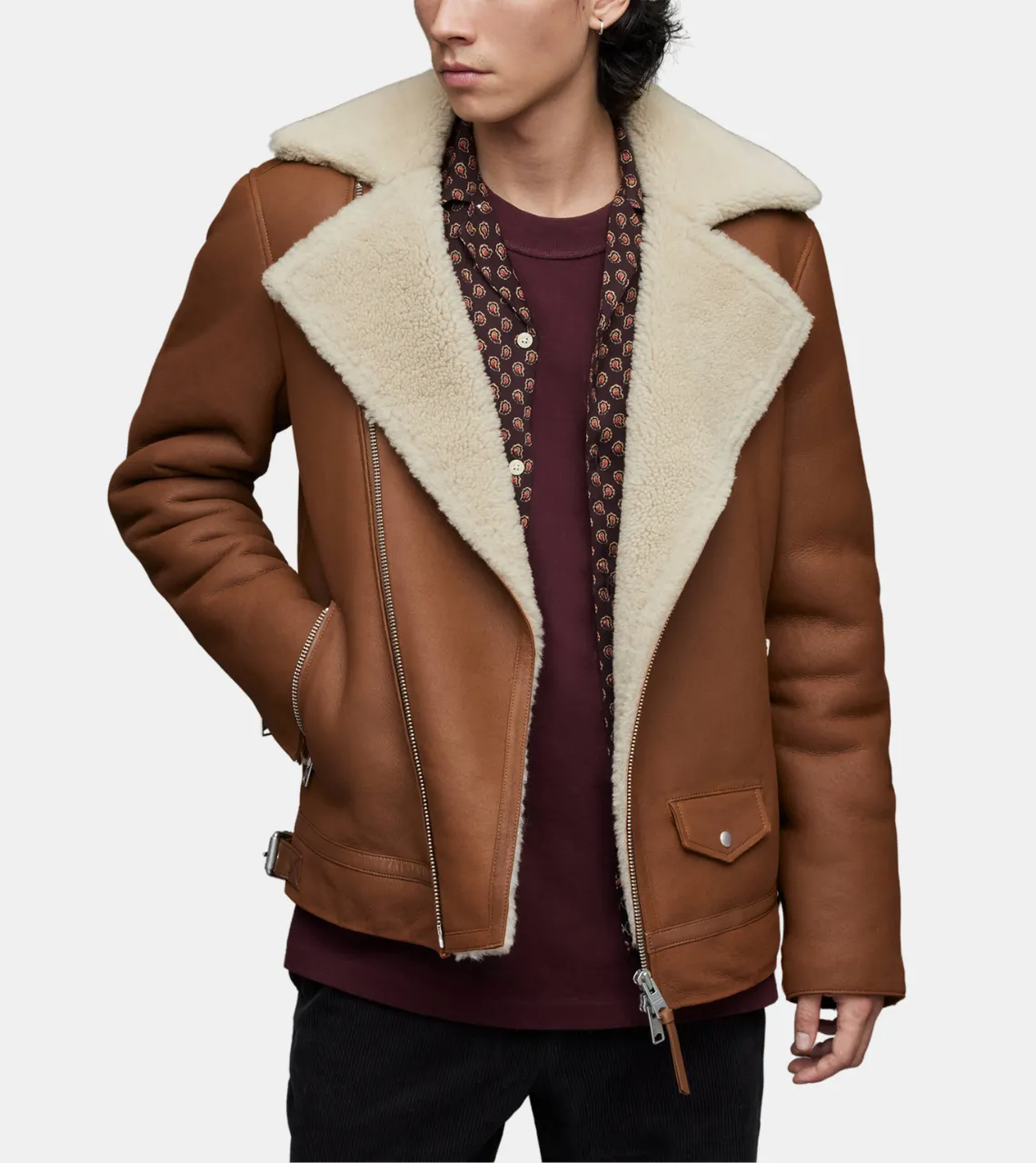 Averill Men's Brown Shearling Notched Collar Leather Jacket