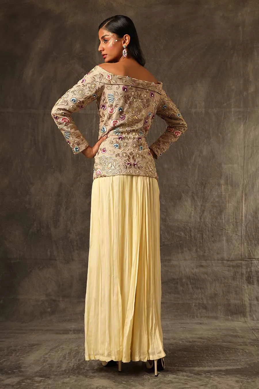 Beige Embroidered Top & Lemon Pant Set