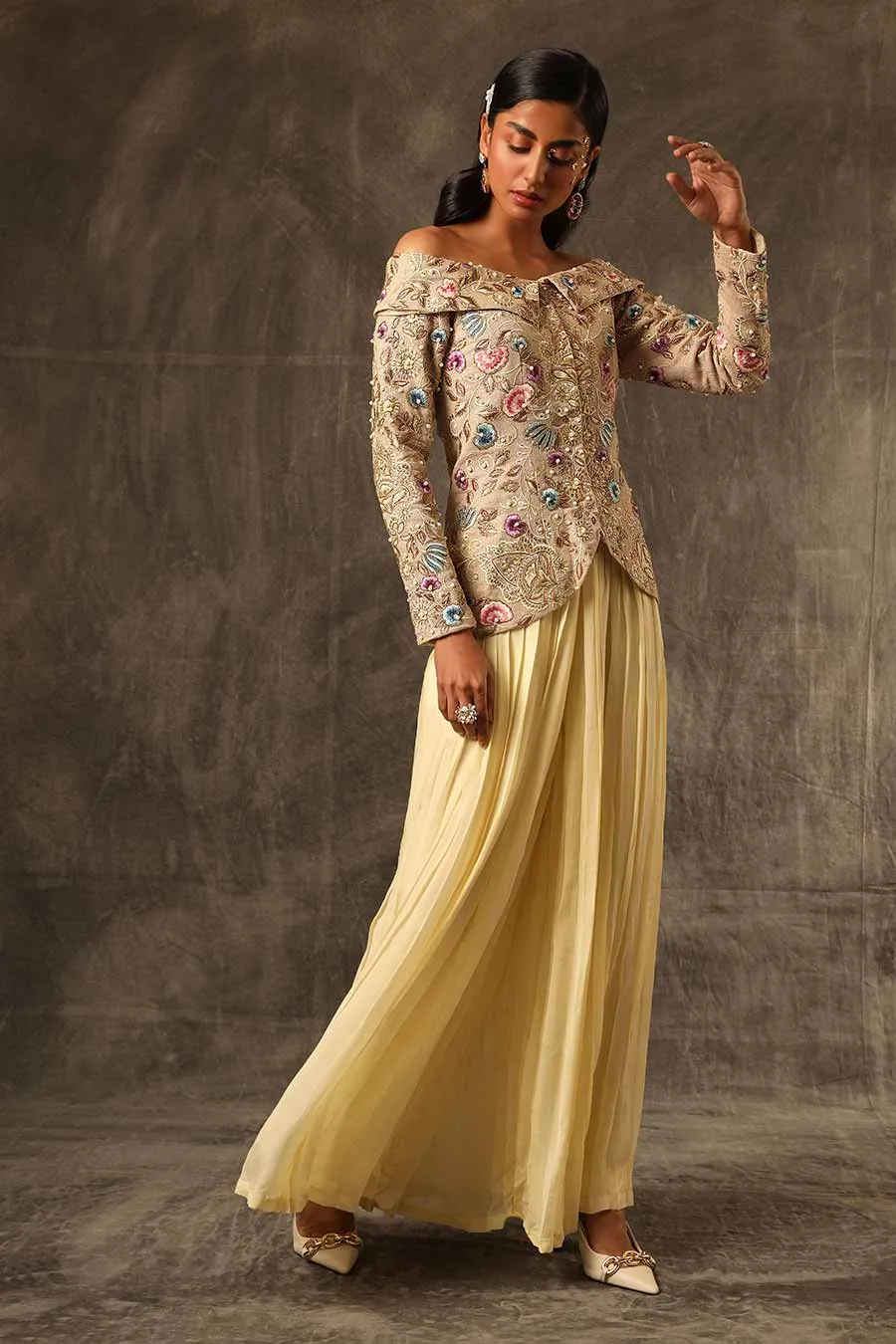 Beige Embroidered Top & Lemon Pant Set