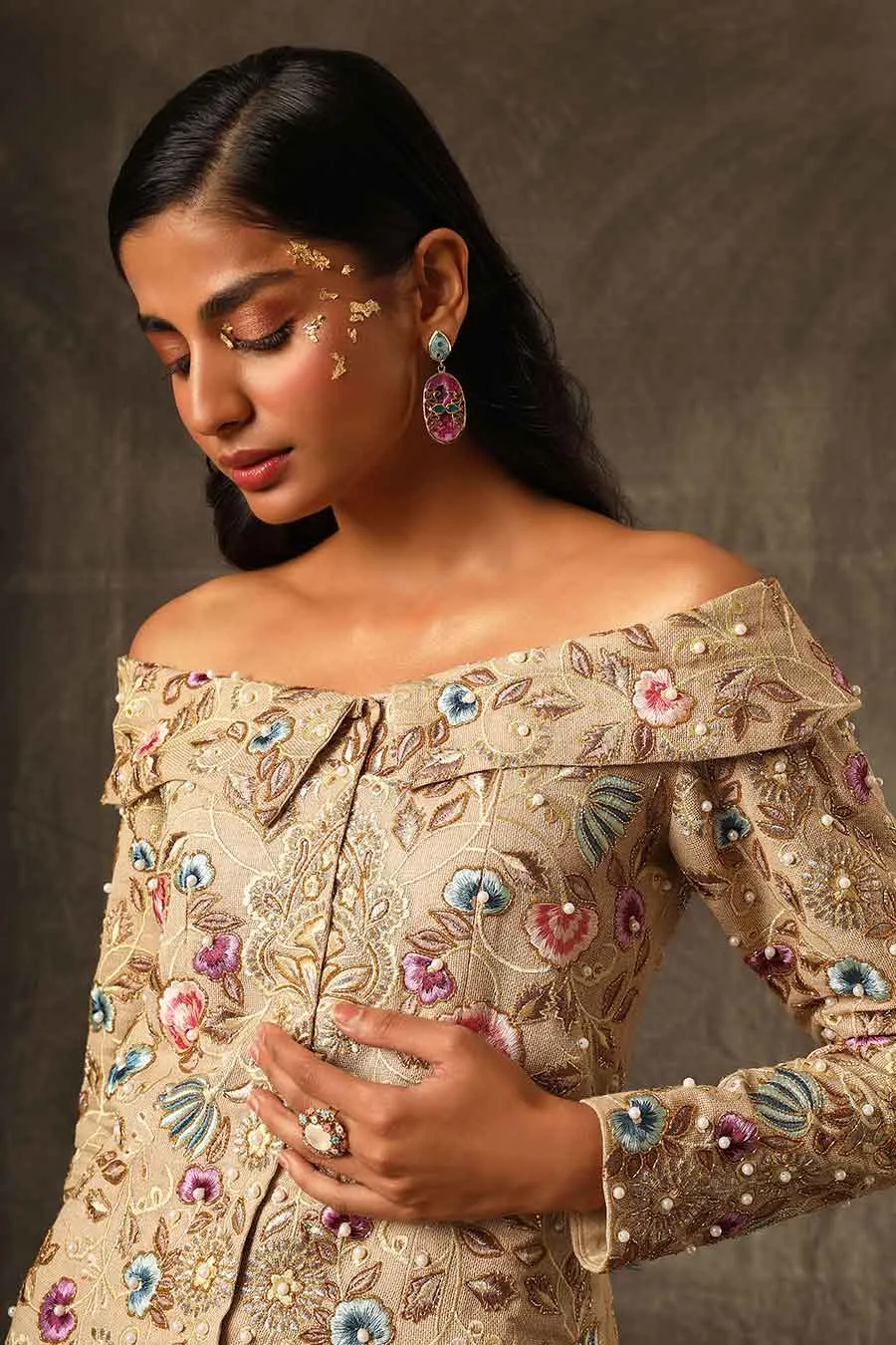 Beige Embroidered Top & Lemon Pant Set