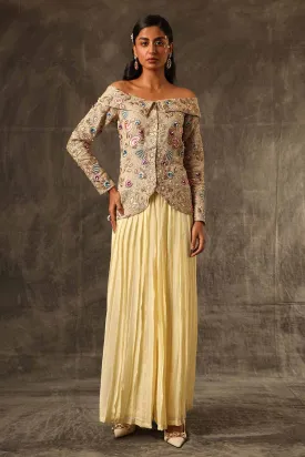 Beige Embroidered Top & Lemon Pant Set