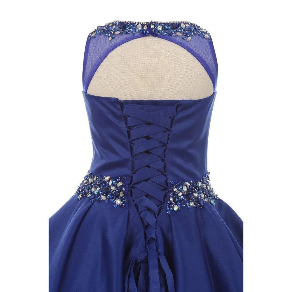 Big Girls Royal Blue Beaded Pleated Dull Satin Junior Bridesmaid Dress 8-16