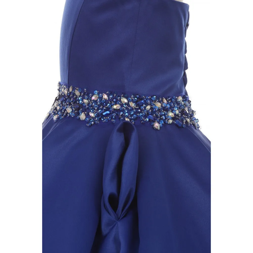 Big Girls Royal Blue Beaded Pleated Dull Satin Junior Bridesmaid Dress 8-16