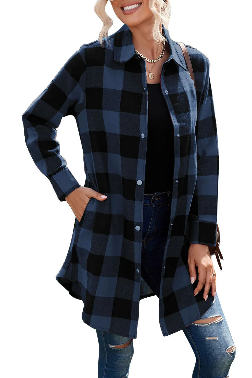 Black Turn-down Collar Plaid Shirt Coat