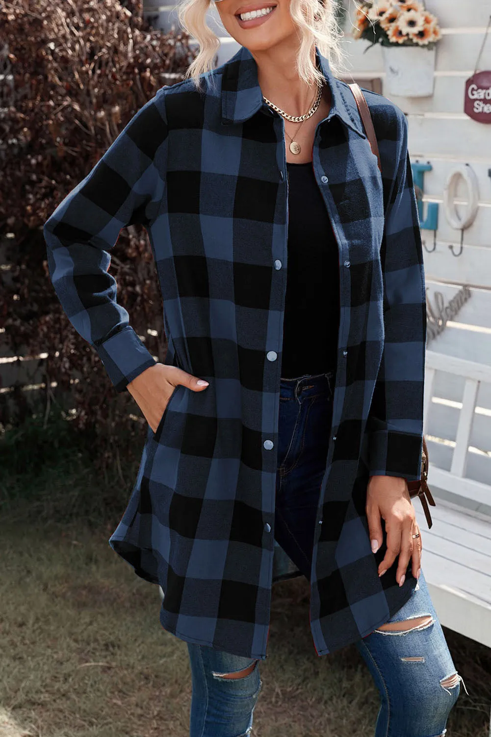Black Turn-down Collar Plaid Shirt Coat