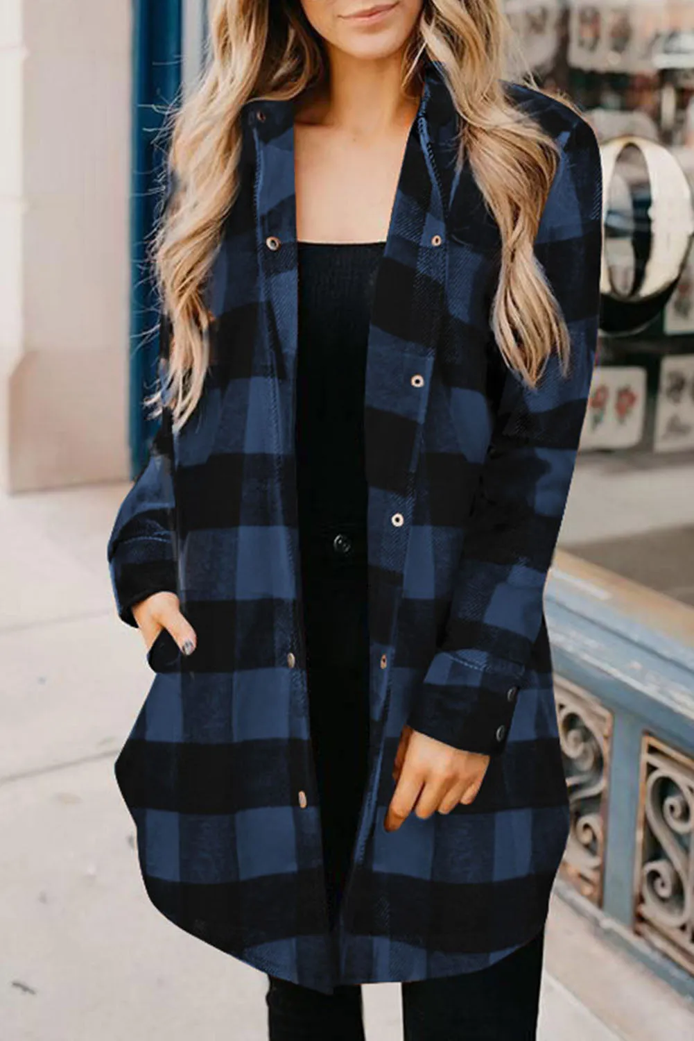 Black Turn-down Collar Plaid Shirt Coat