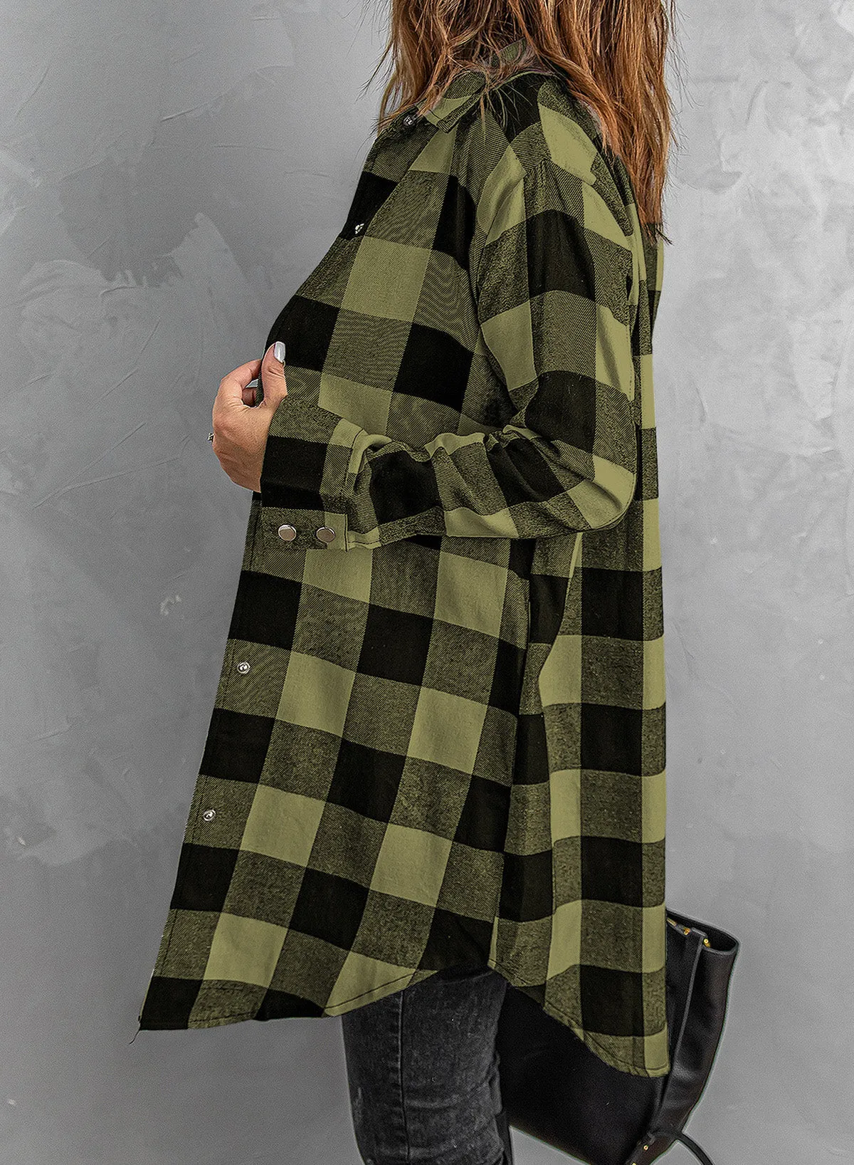 Black Turn-down Collar Plaid Shirt Coat