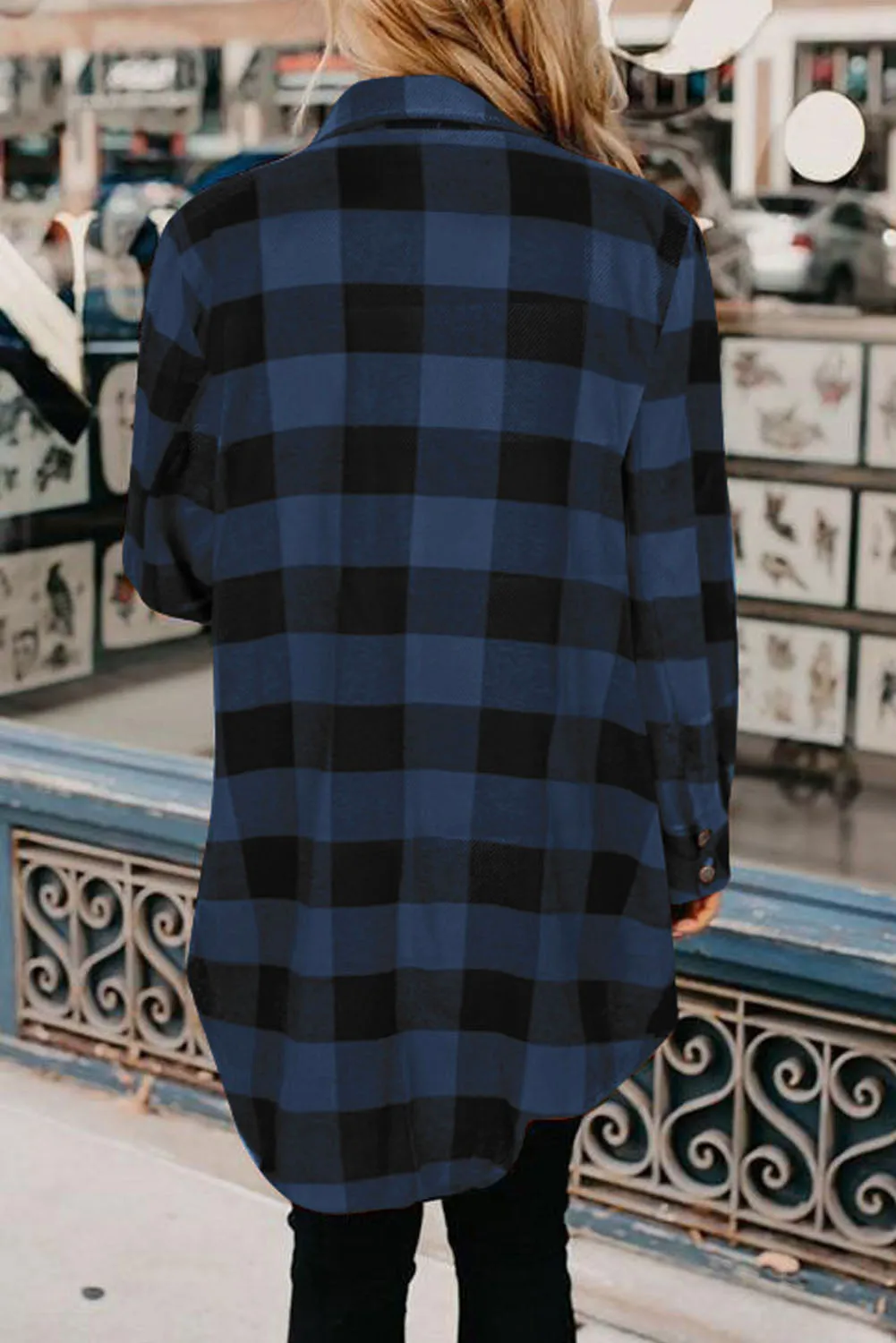 Black Turn-down Collar Plaid Shirt Coat