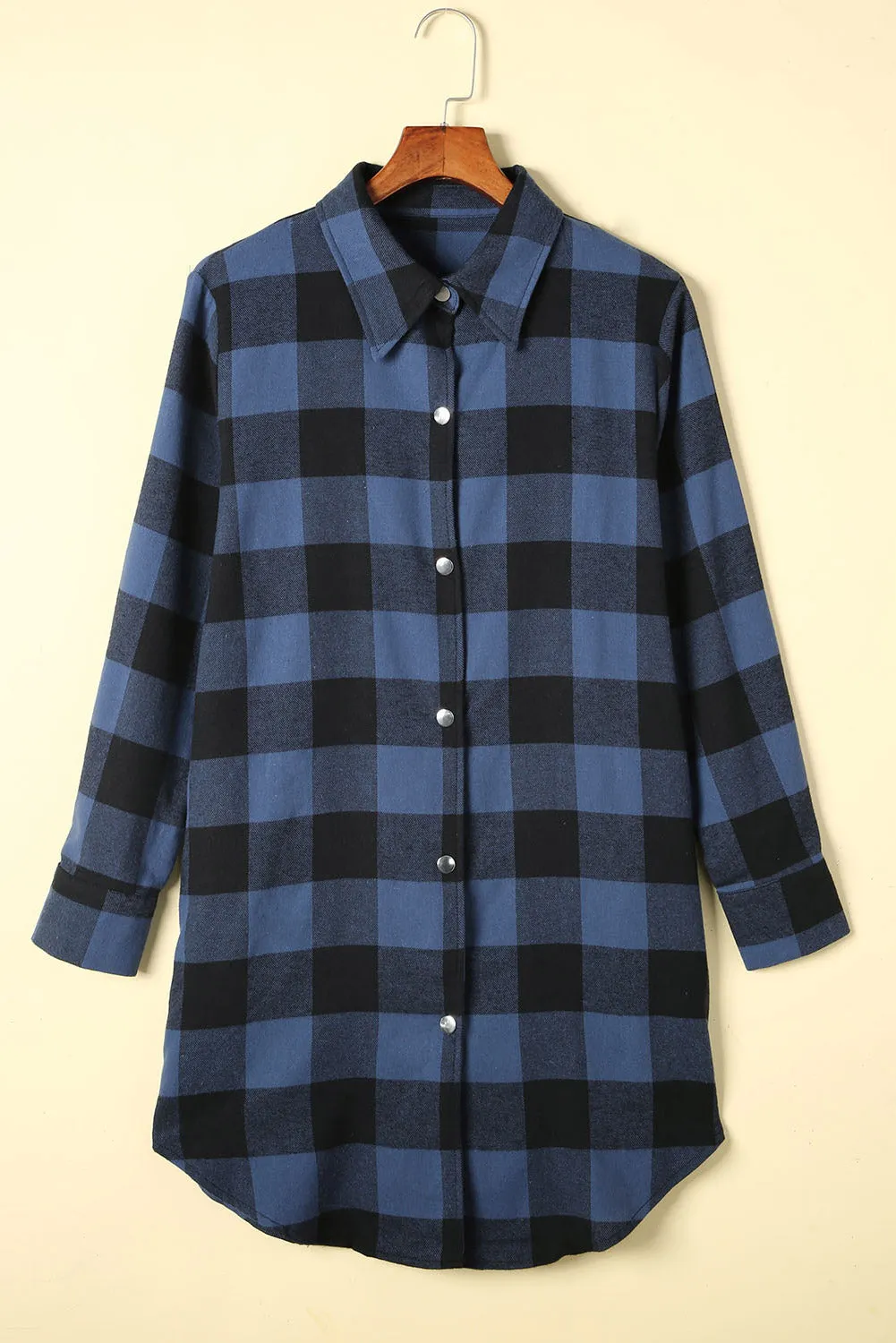 Black Turn-down Collar Plaid Shirt Coat