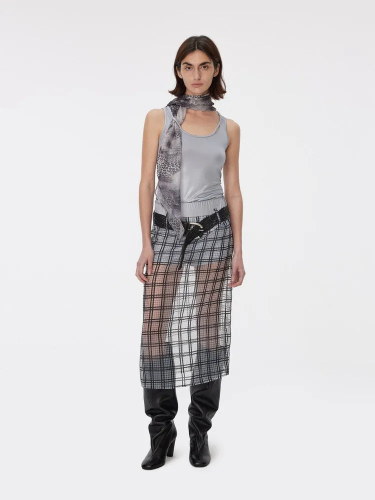 Checked See-Through Layered Elastic-Waist Back-Slit Long-Skirt