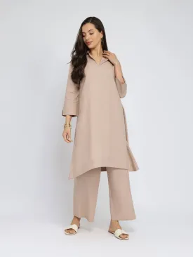 Cotton Solid Asymmetric Co-ord Set - Beige