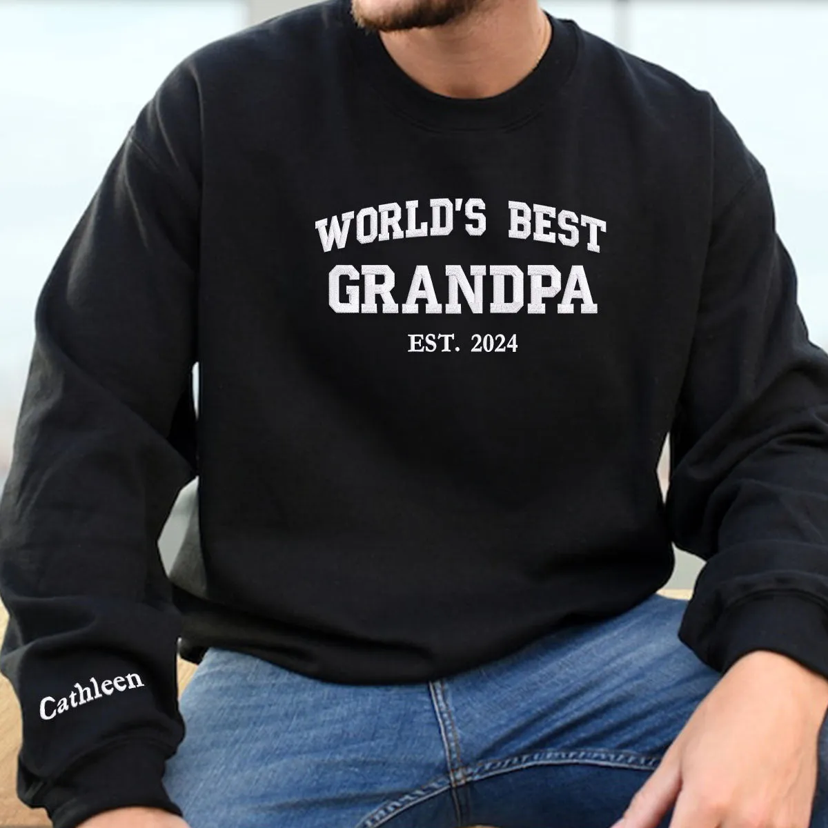 Custom Embroidered Worlds Best Grandpa Sweatshirt with GrandKids Names on Sleeve