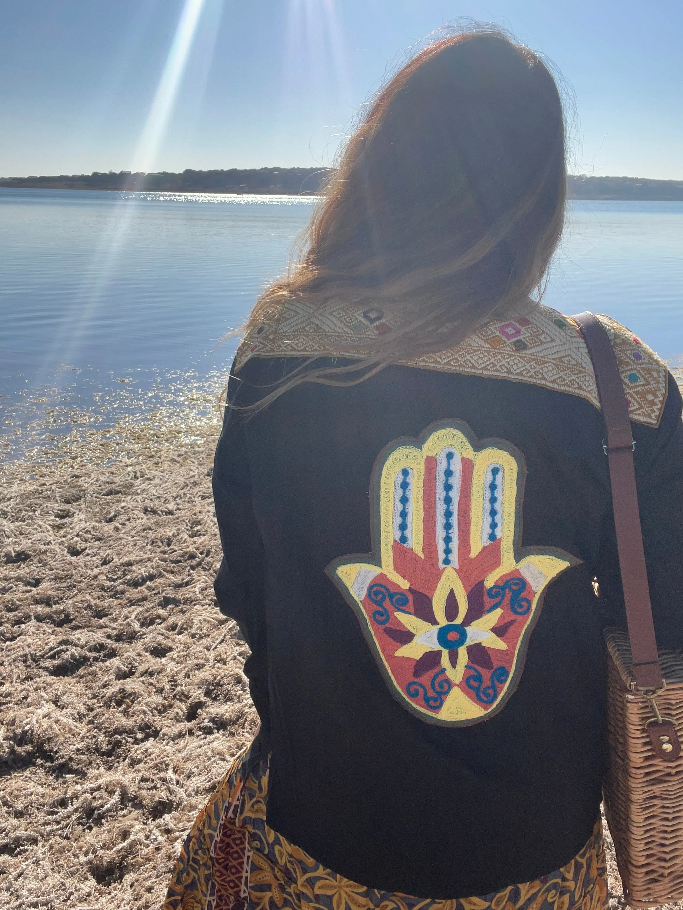 Embroidered hamsa Utility Shirt or Shacket (Black)