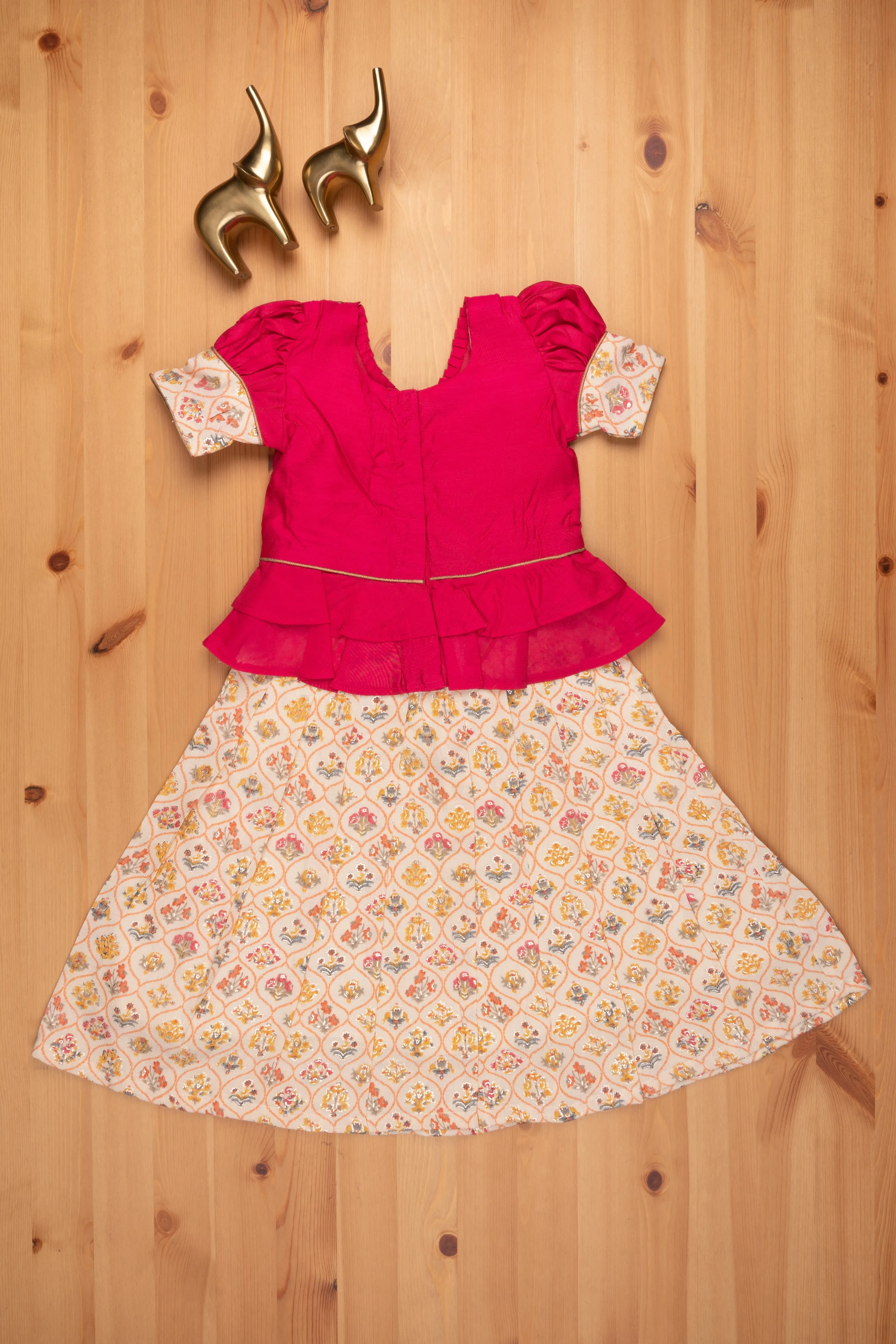 Floral Printed Beige Skirt with Pink Jacquard Peplum Blouse