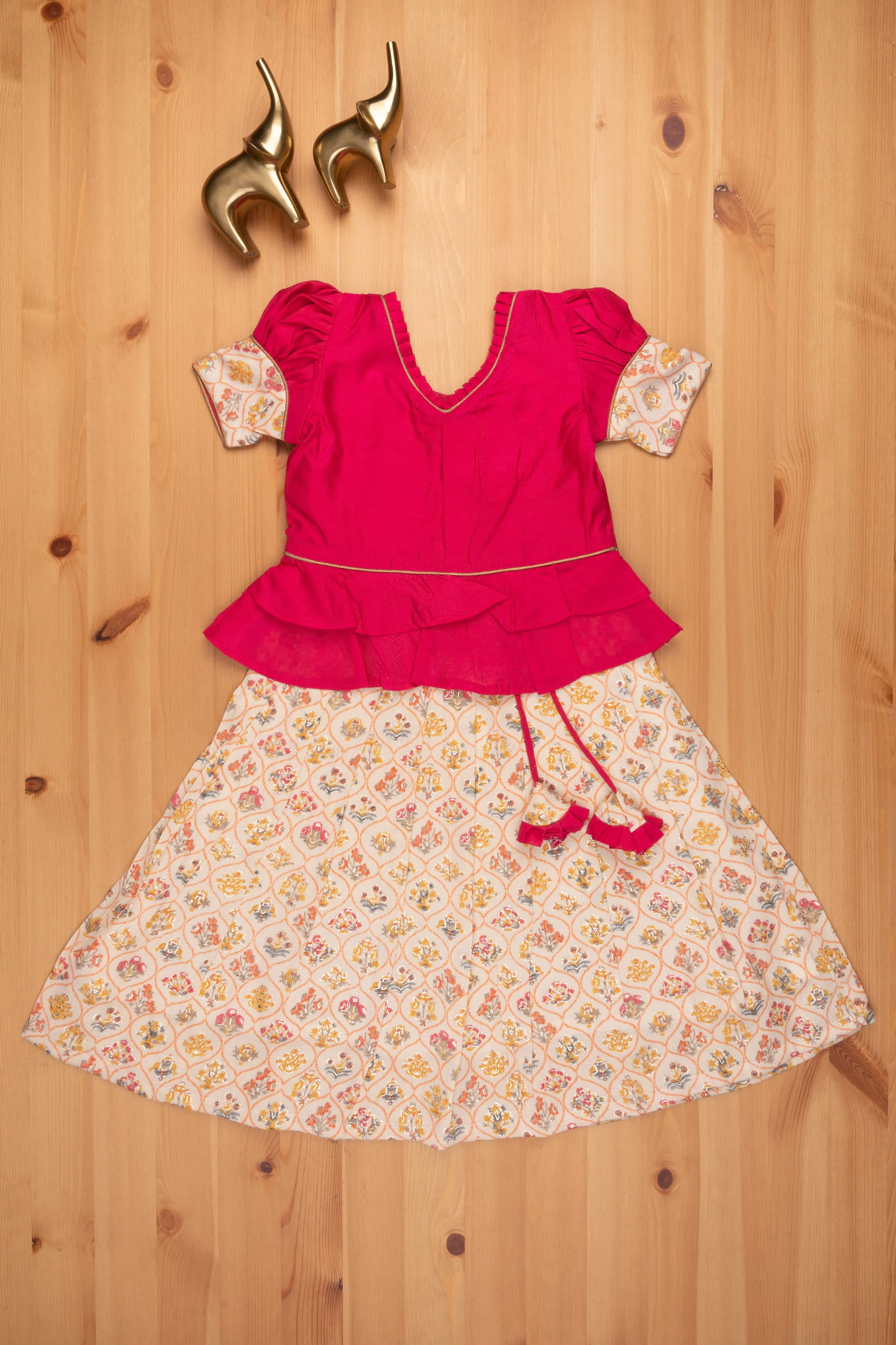 Floral Printed Beige Skirt with Pink Jacquard Peplum Blouse