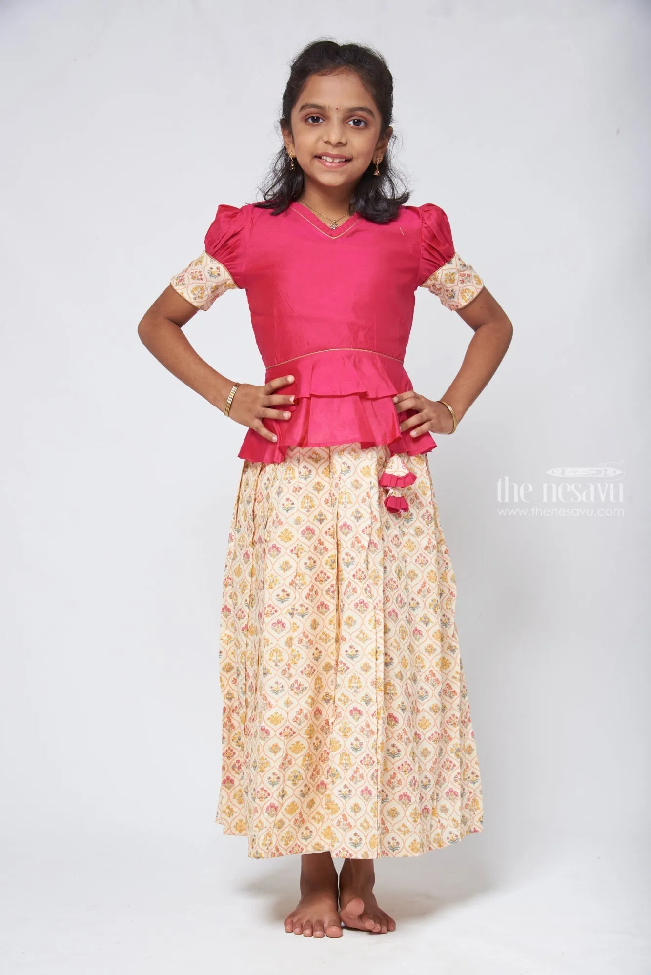 Floral Printed Beige Skirt with Pink Jacquard Peplum Blouse