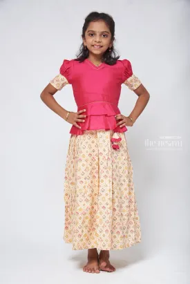 Floral Printed Beige Skirt with Pink Jacquard Peplum Blouse
