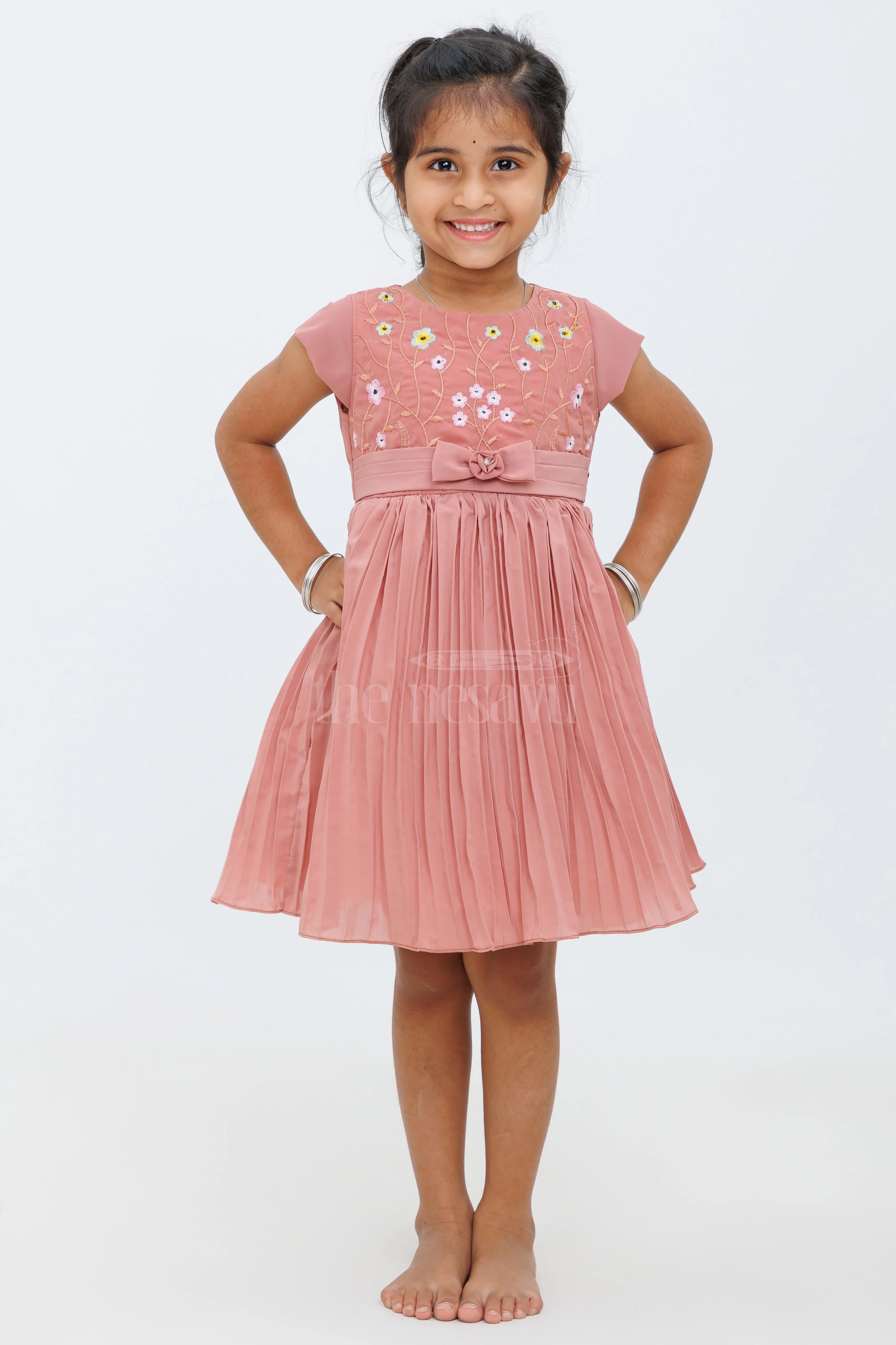 Girls Dusty Rose Embroidered Party Frock with Pleated Skirt