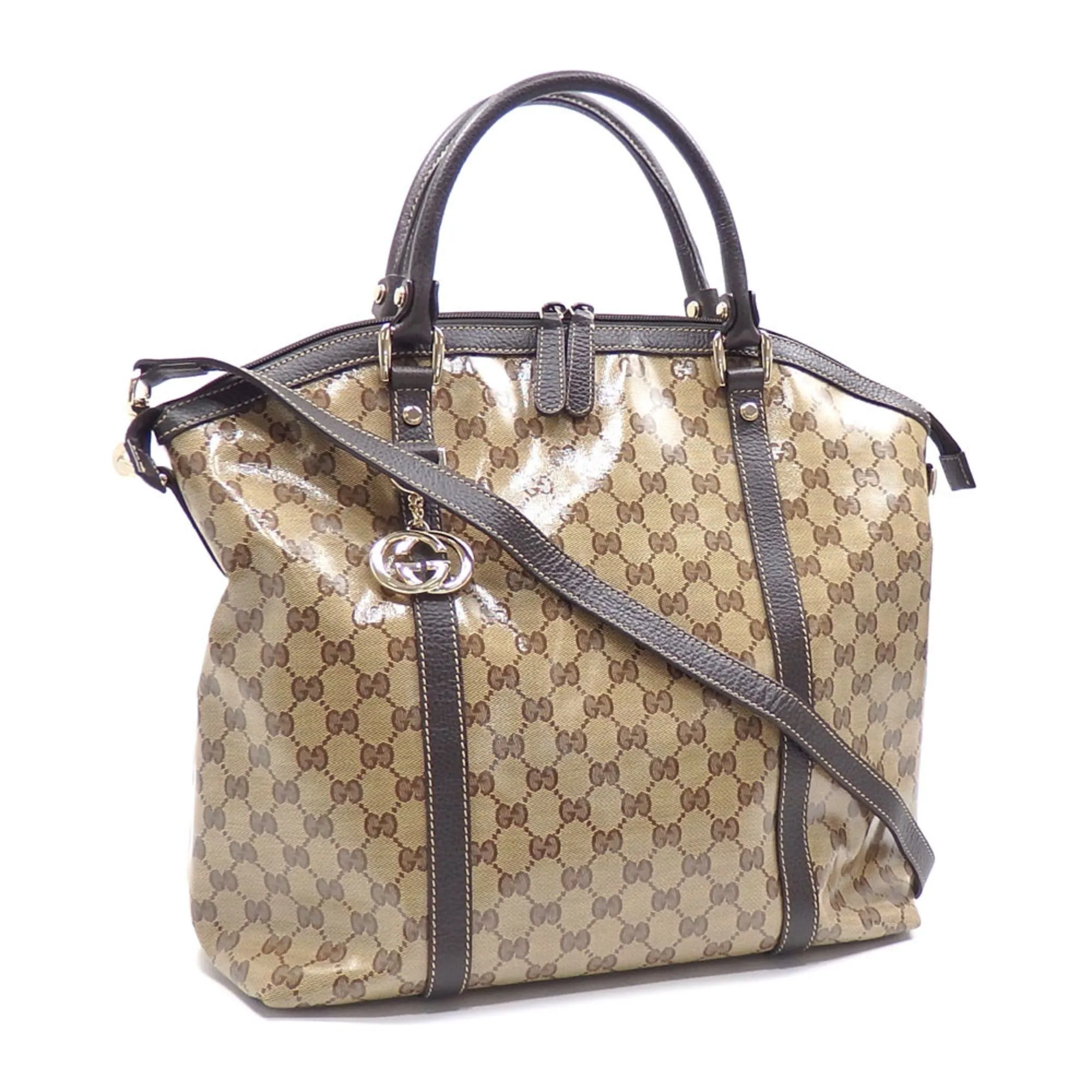 GUCCI Handbag GG Crystal Beige Brown Coated Canvas Leather 339551 493075 Women Men