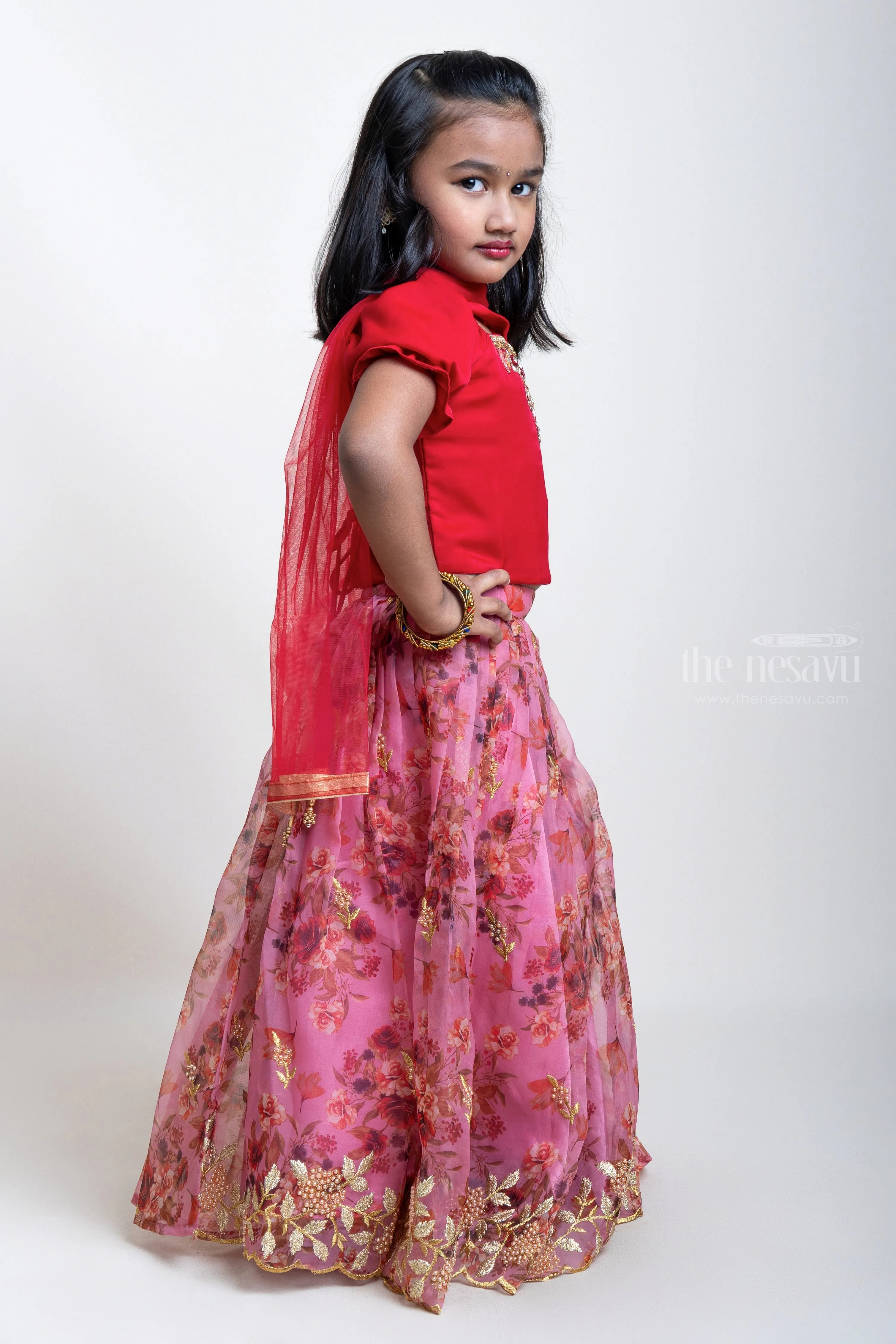 Hand Embroidered Pink Crop Top And Digital Printed Lehenga For Little Girls