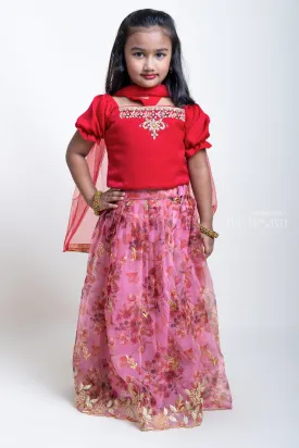 Hand Embroidered Pink Crop Top And Digital Printed Lehenga For Little Girls