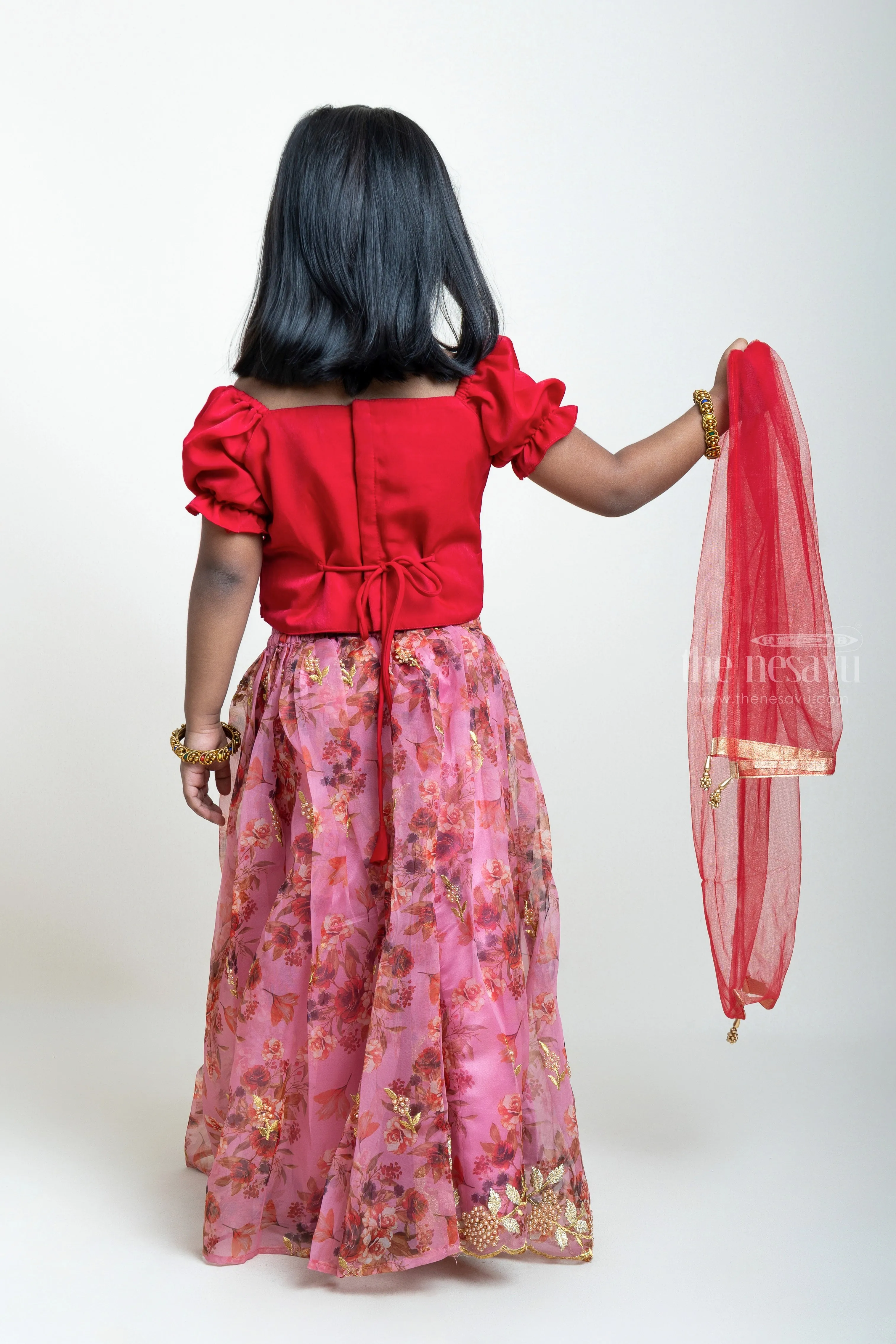 Hand Embroidered Pink Crop Top And Digital Printed Lehenga For Little Girls