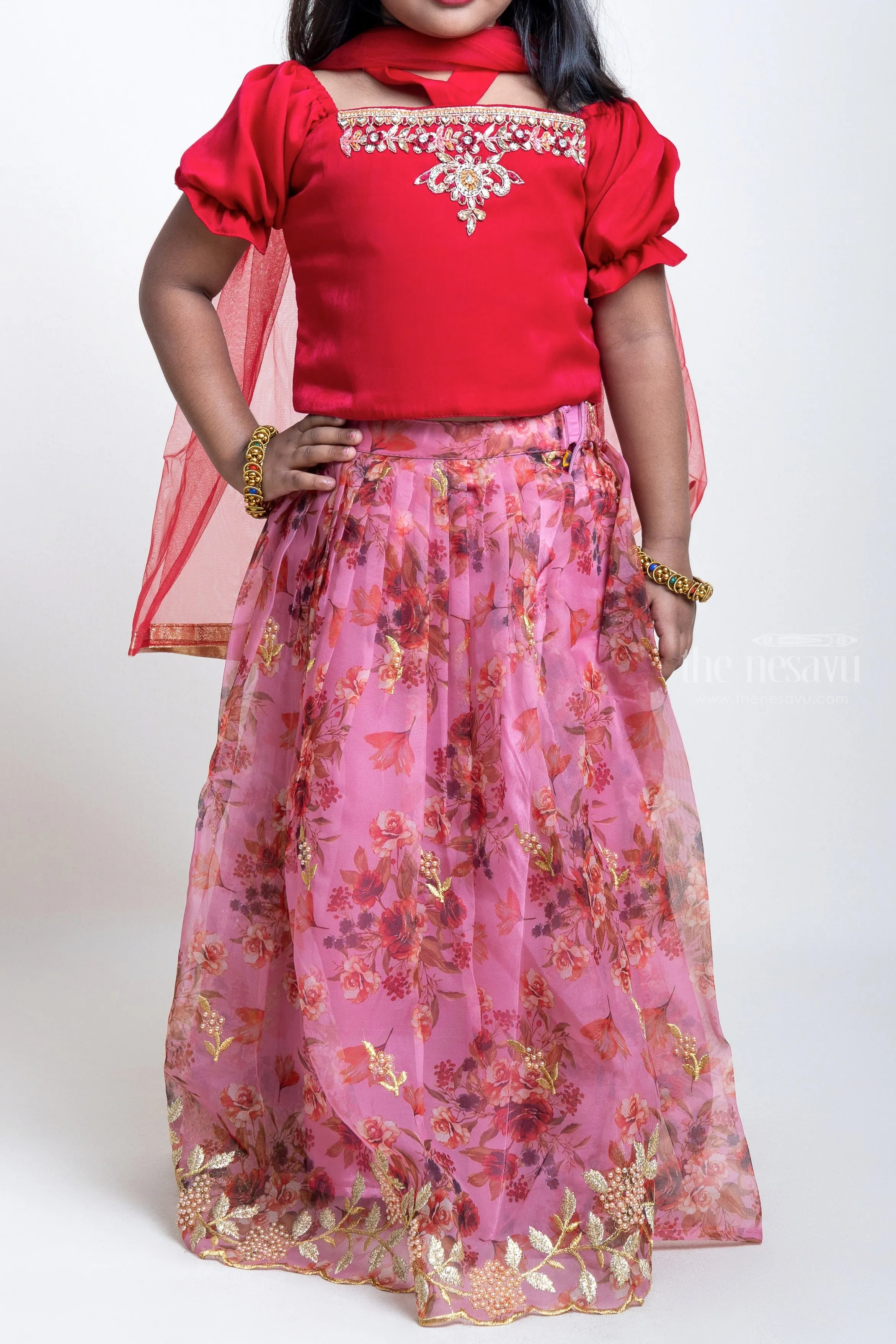 Hand Embroidered Pink Crop Top And Digital Printed Lehenga For Little Girls