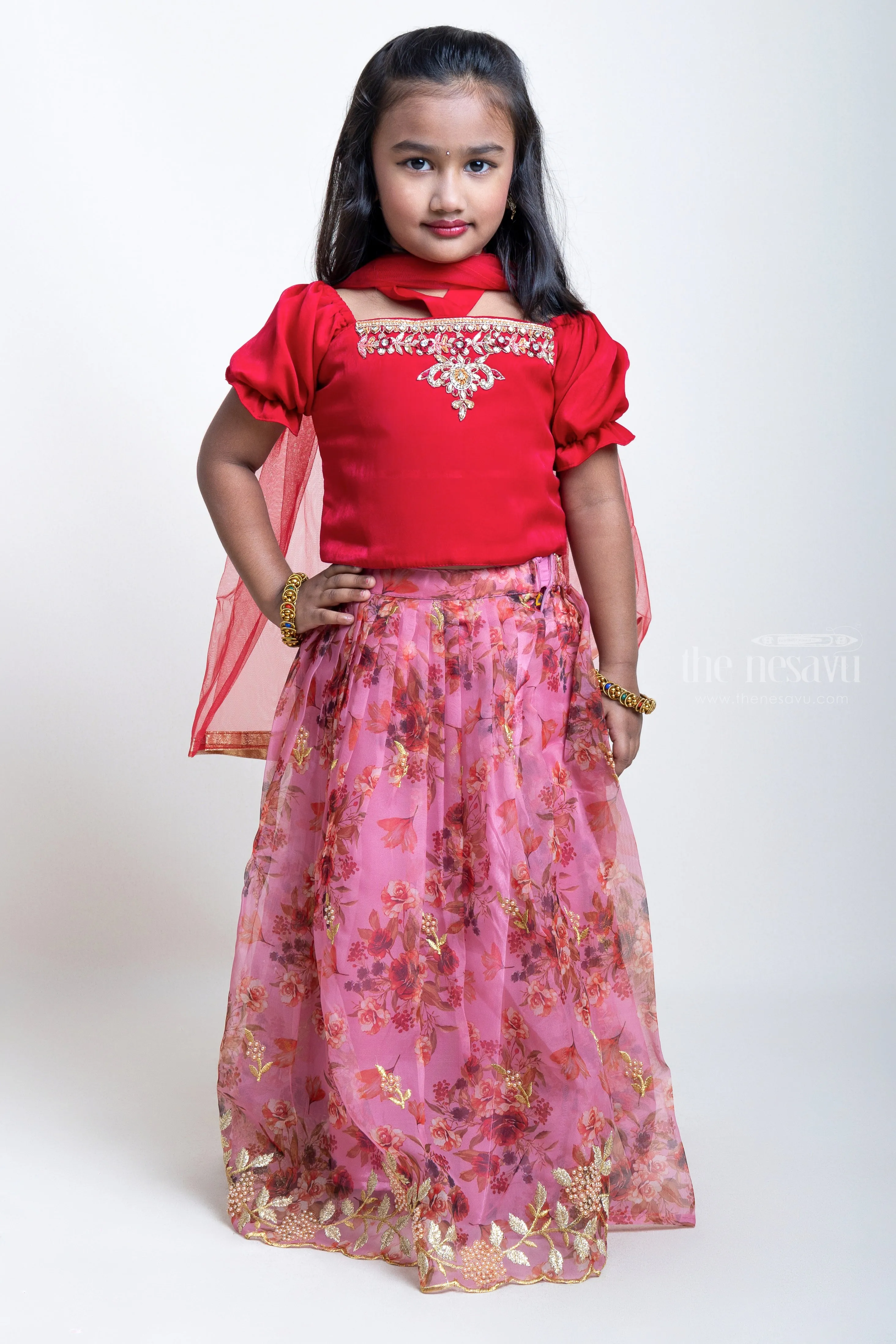 Hand Embroidered Pink Crop Top And Digital Printed Lehenga For Little Girls