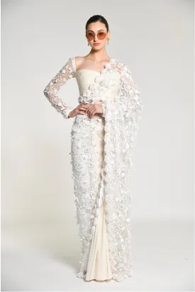 Ivory Pearl Embroidered Lace Sari with Plissage Blouse