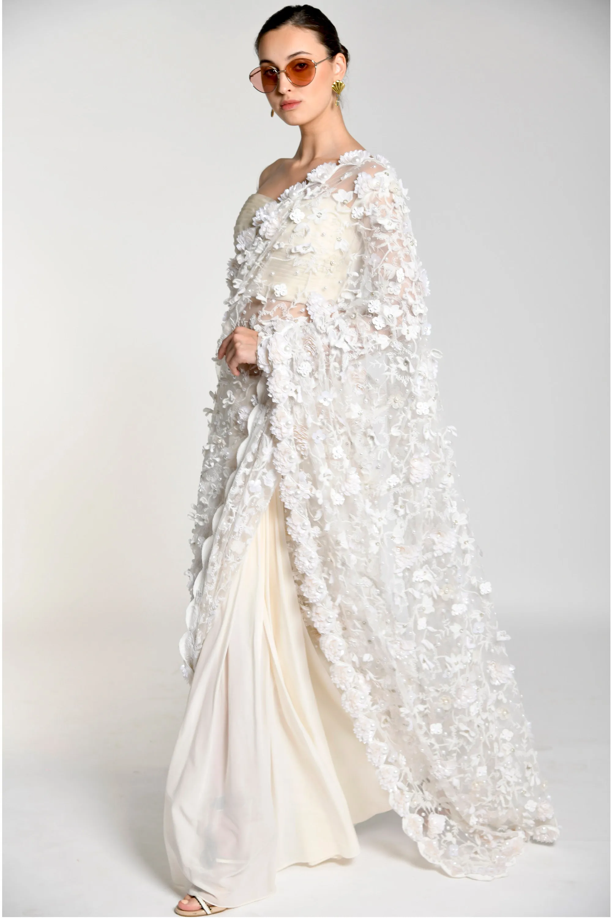 Ivory Pearl Embroidered Lace Sari with Plissage Blouse