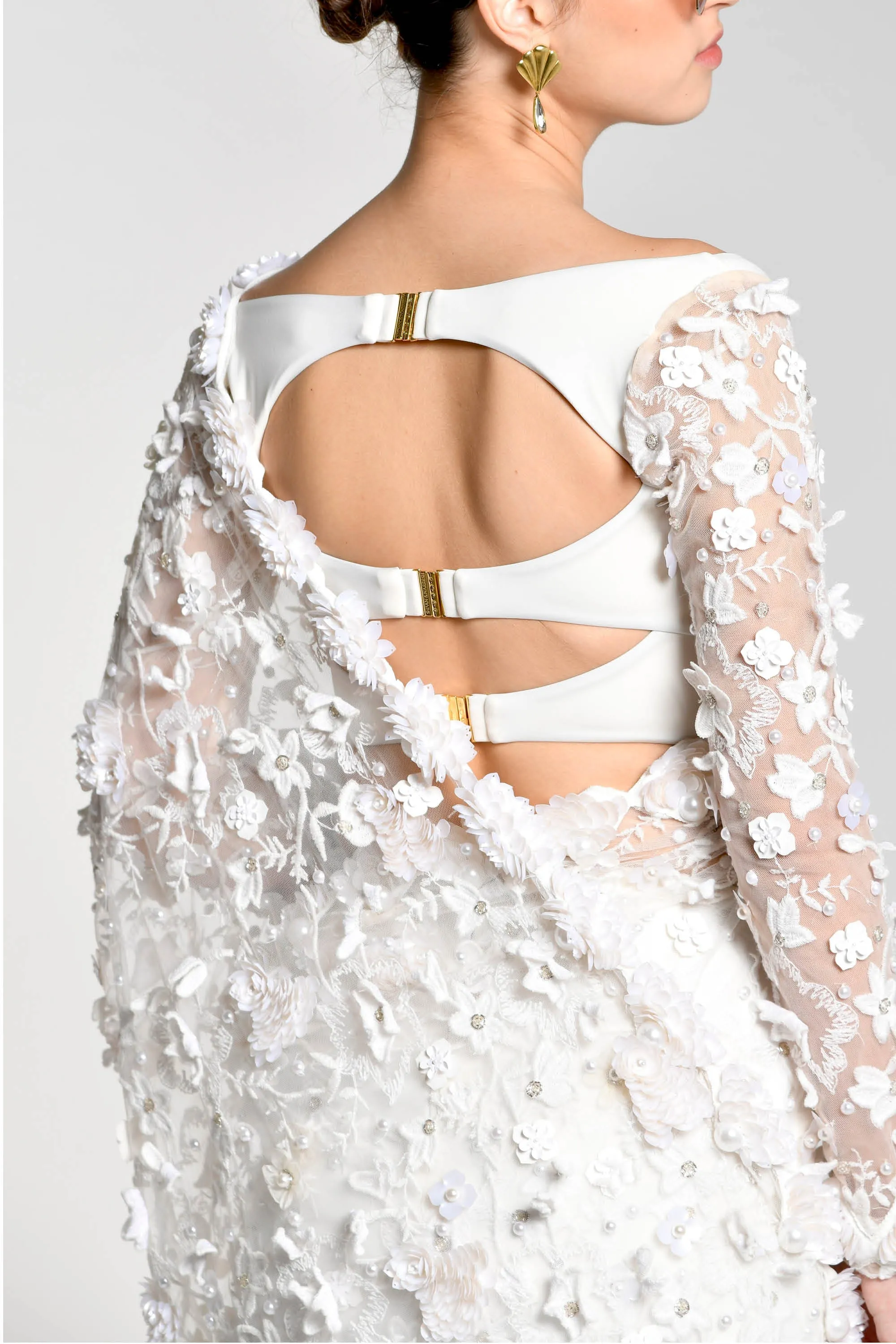 Ivory Pearl Embroidered Lace Sari with Plissage Blouse