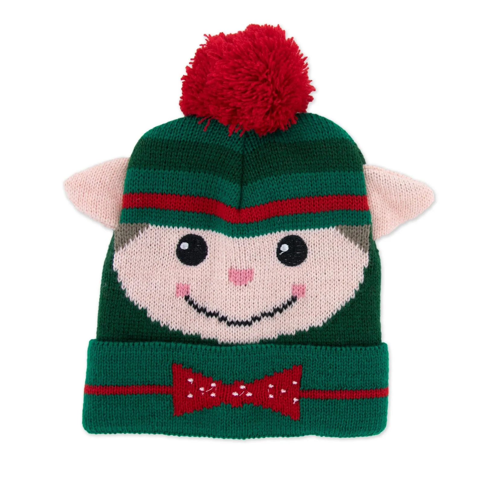 Kids Holiday Knitted Hat Green with Elf with Bow Tie