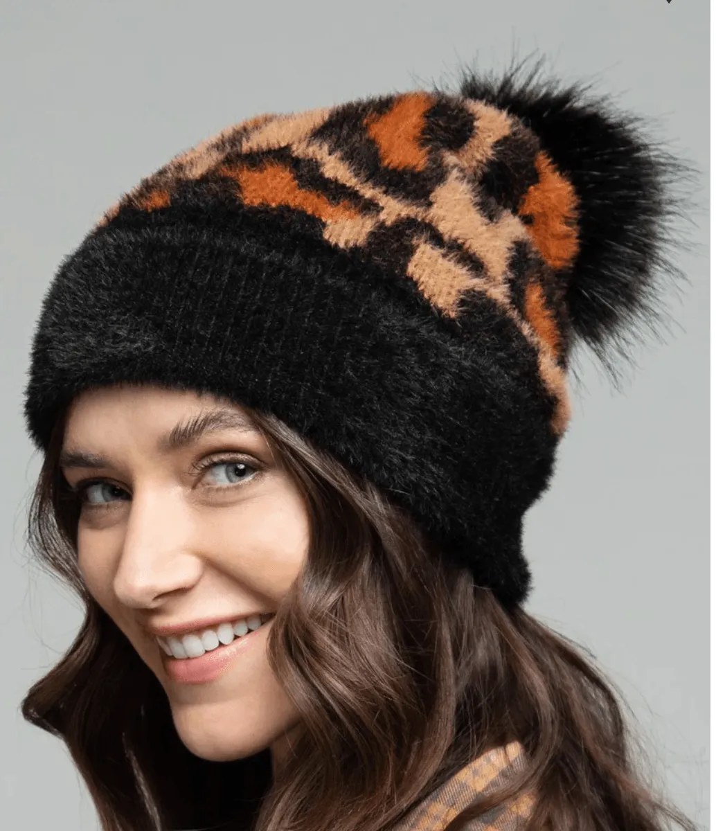 Knit Leopard Eyelash Beanie with Pom Pom 5087
