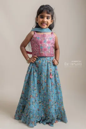 Lovely Pink Mirror Work Sleeveless Top With Floral Printed Blue Lehanga For Girls