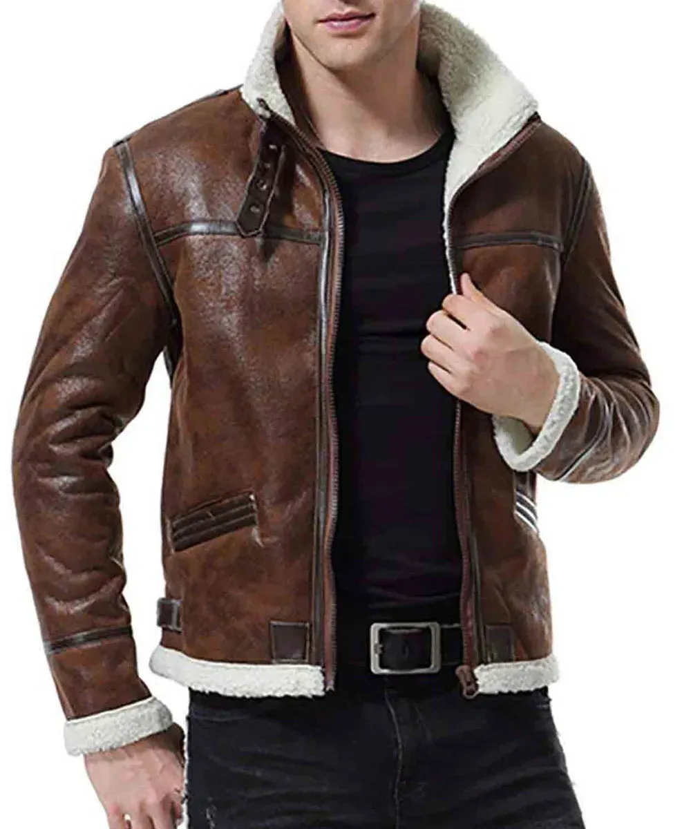 Men’s Biker Shearling Bomber Distressed Brown Leather Jacket
