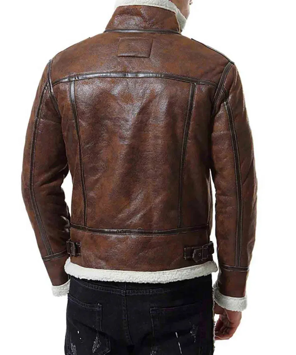 Men’s Biker Shearling Bomber Distressed Brown Leather Jacket