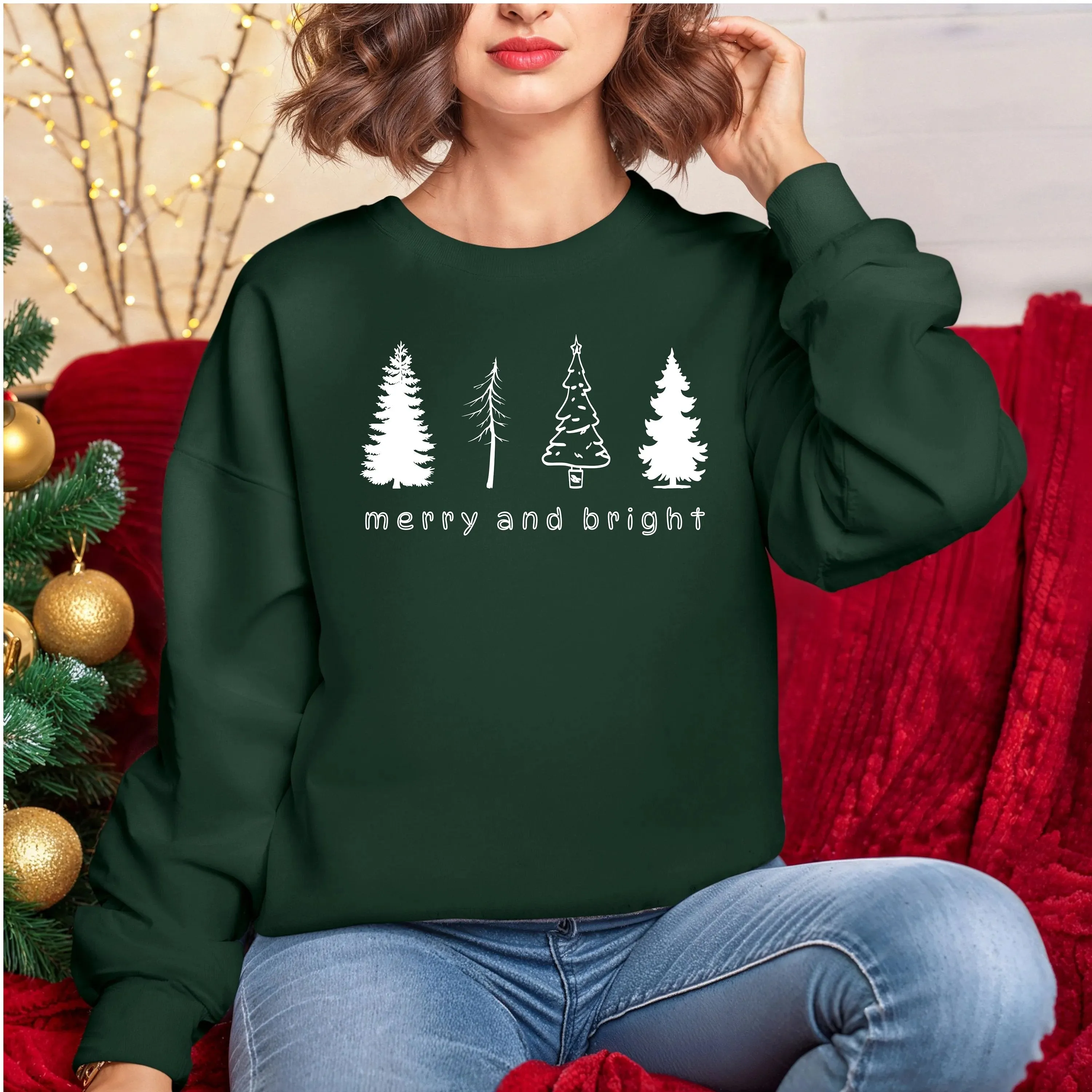 Merry and Bright Christmas Sweatshirt with Tree Silhouettes