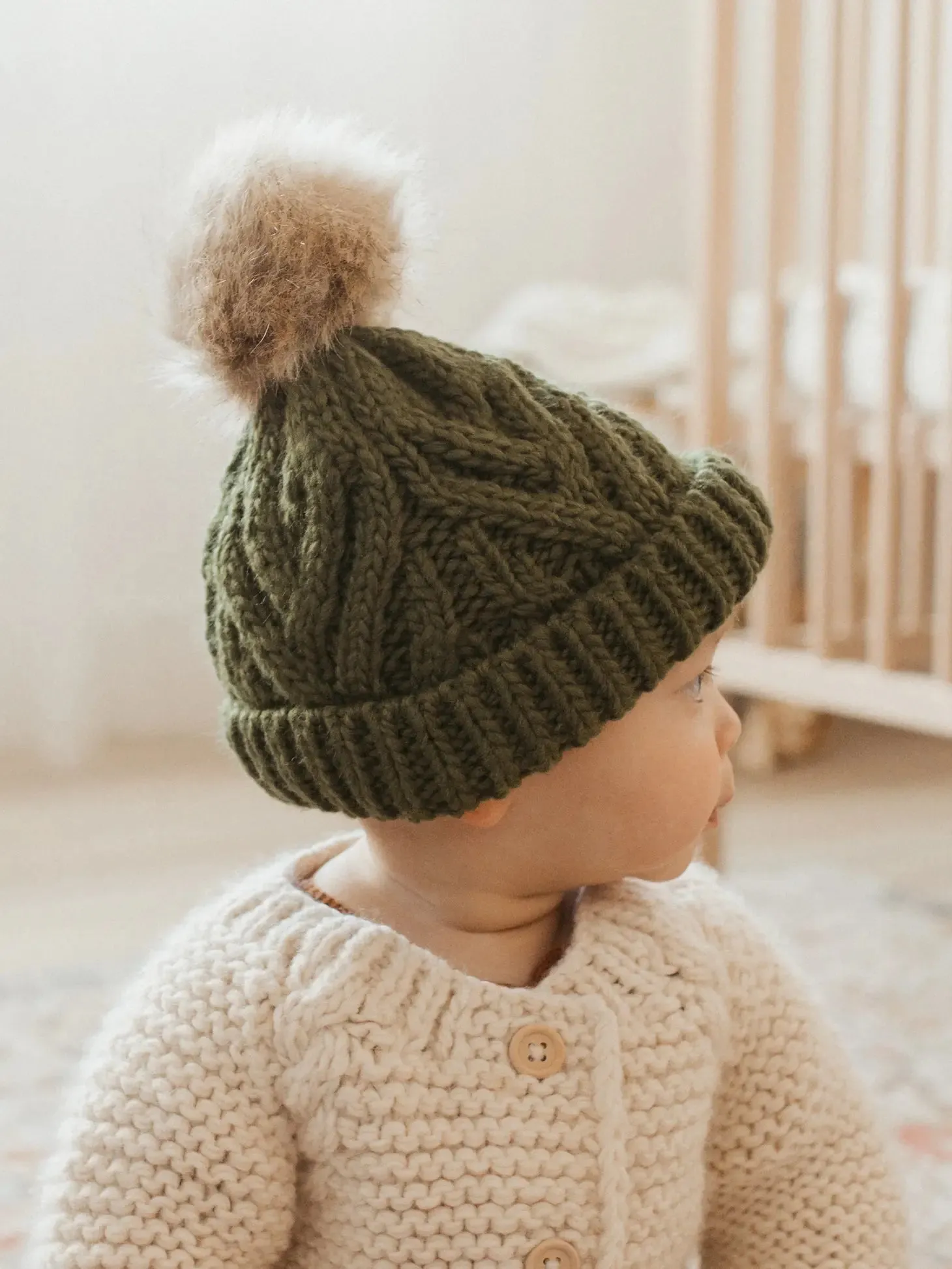 Mossy Pop Pom Pom Beanie Hat