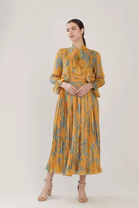 MUSTARD & BLUE FLORAL PLEATED SKIRT