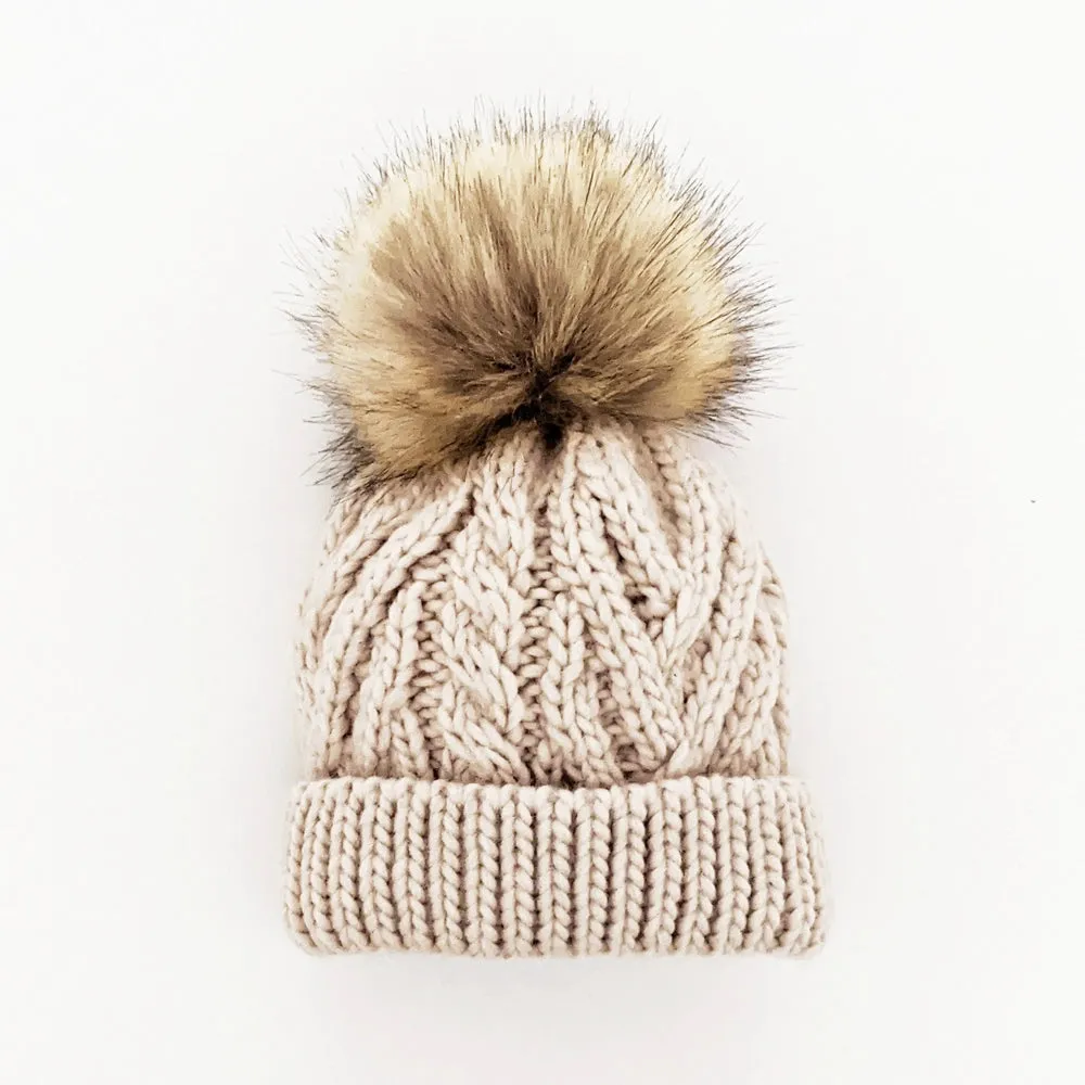 Oatmeal Pop Pom Pom Beanie Hat
