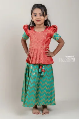Orange Brocade Designer Silk Blouse with Green Silk Skirt for Girls