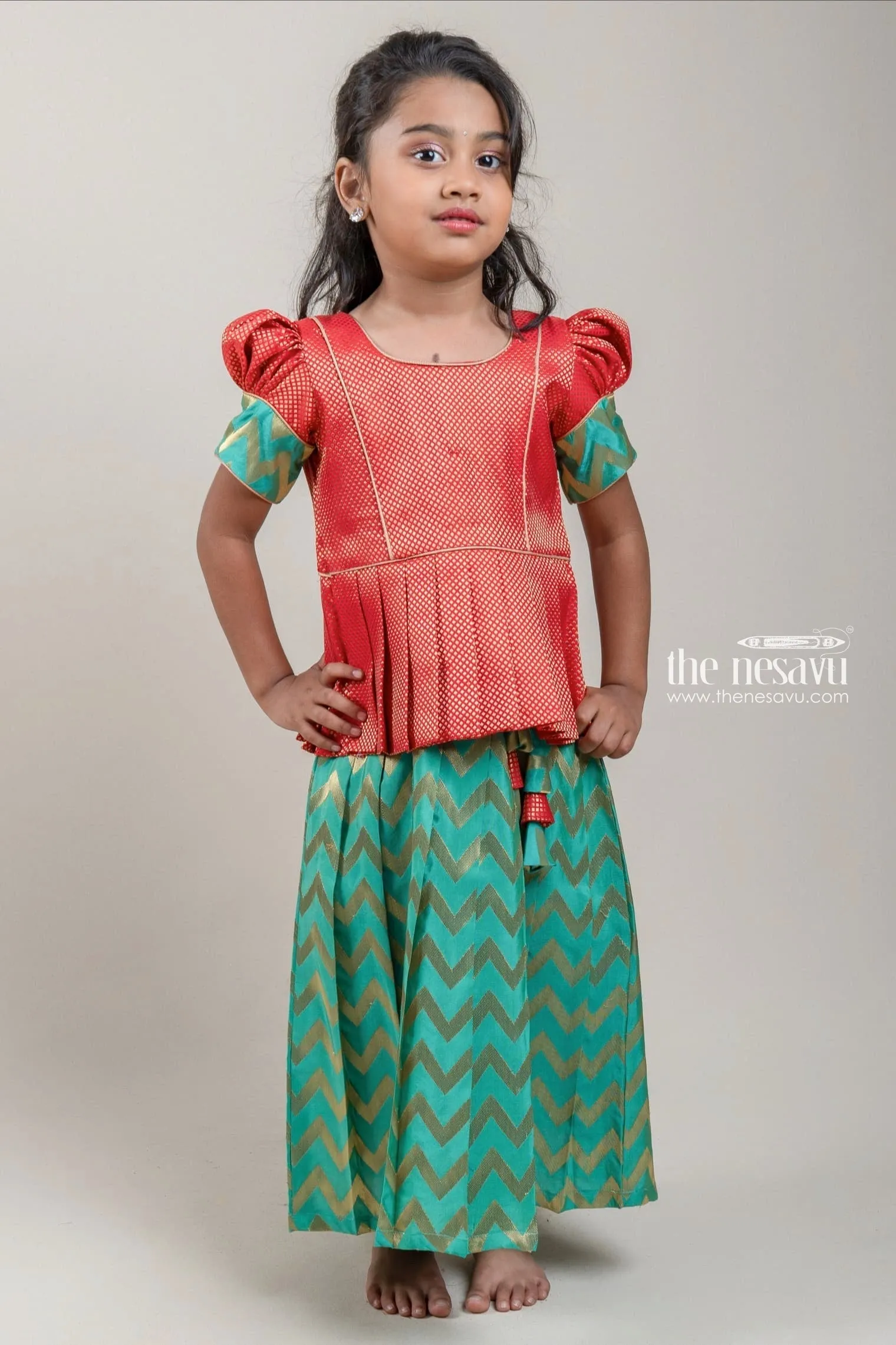 Orange Brocade Designer Silk Blouse with Green Silk Skirt for Girls