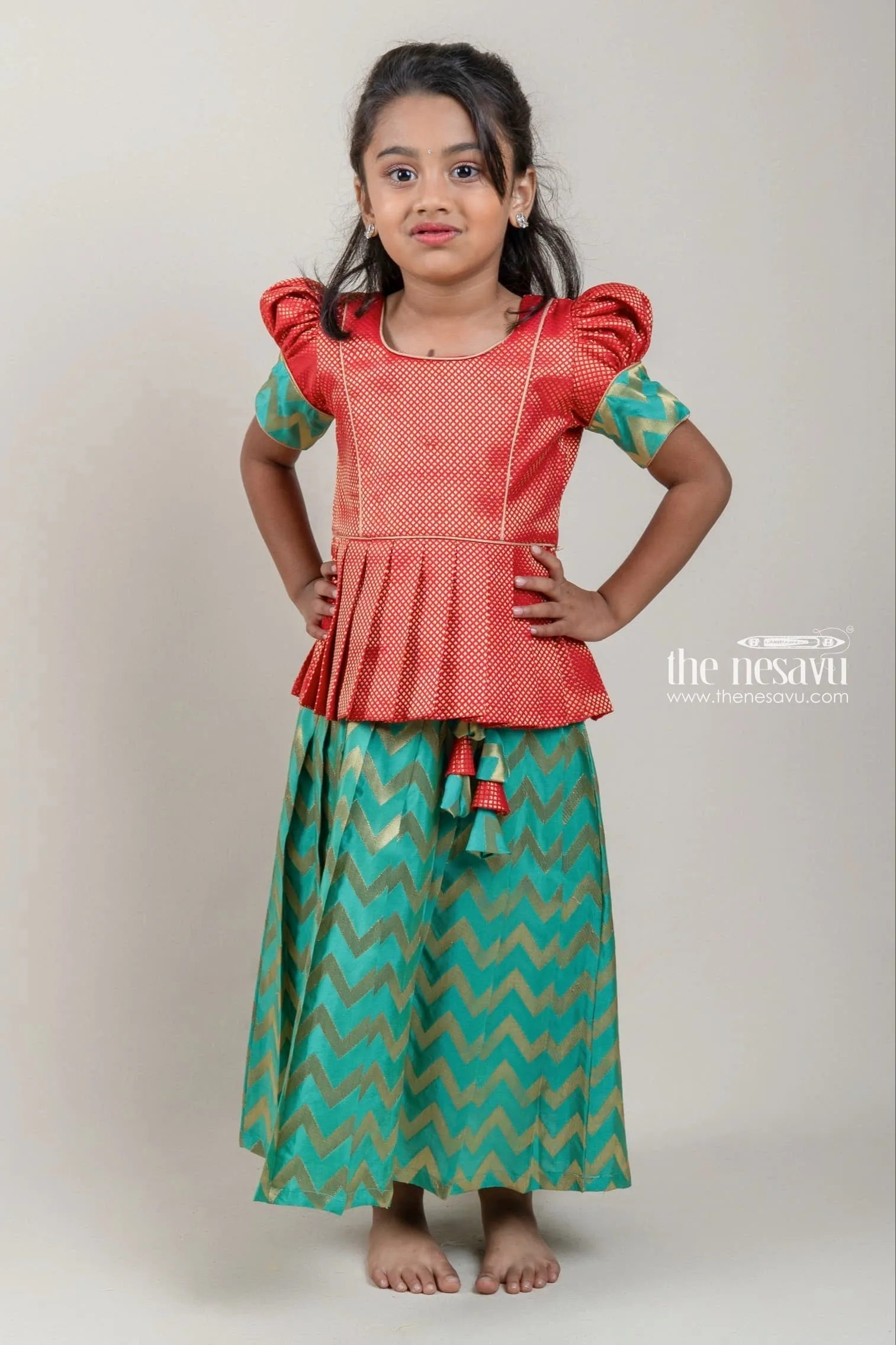Orange Brocade Designer Silk Blouse with Green Silk Skirt for Girls