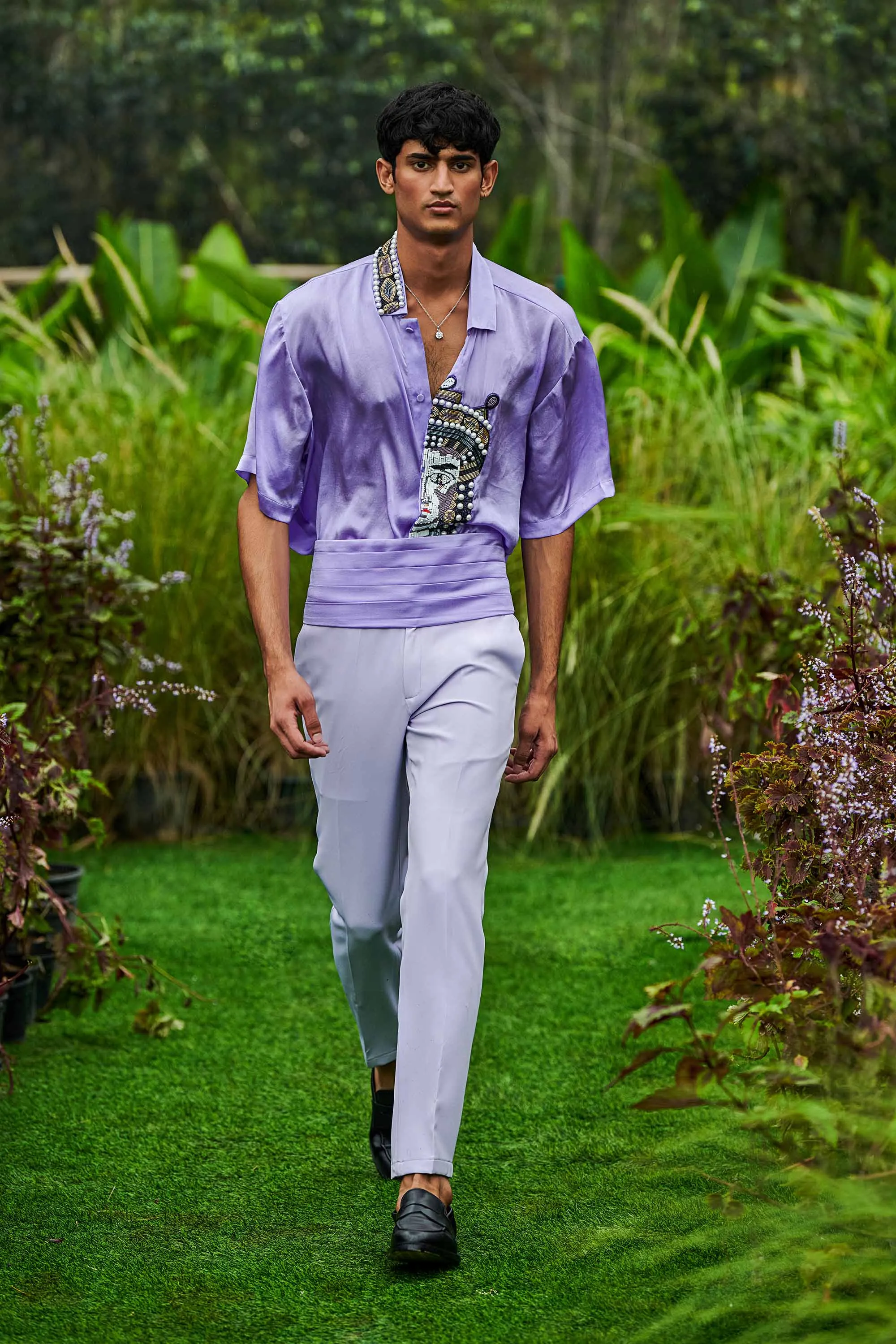 Periwinkle Antiquity Mosaic Silk Shirt with Cummerbandh