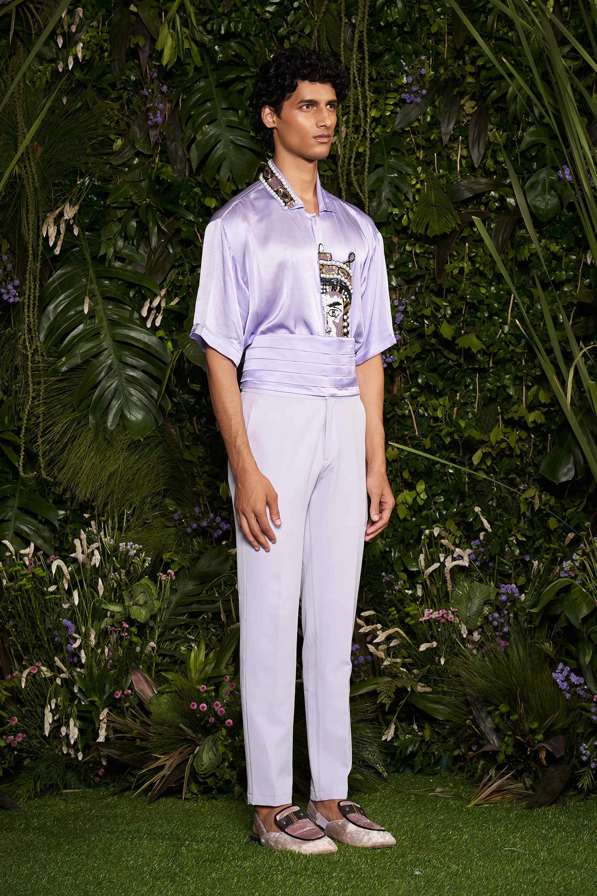 Periwinkle Antiquity Mosaic Silk Shirt with Cummerbandh