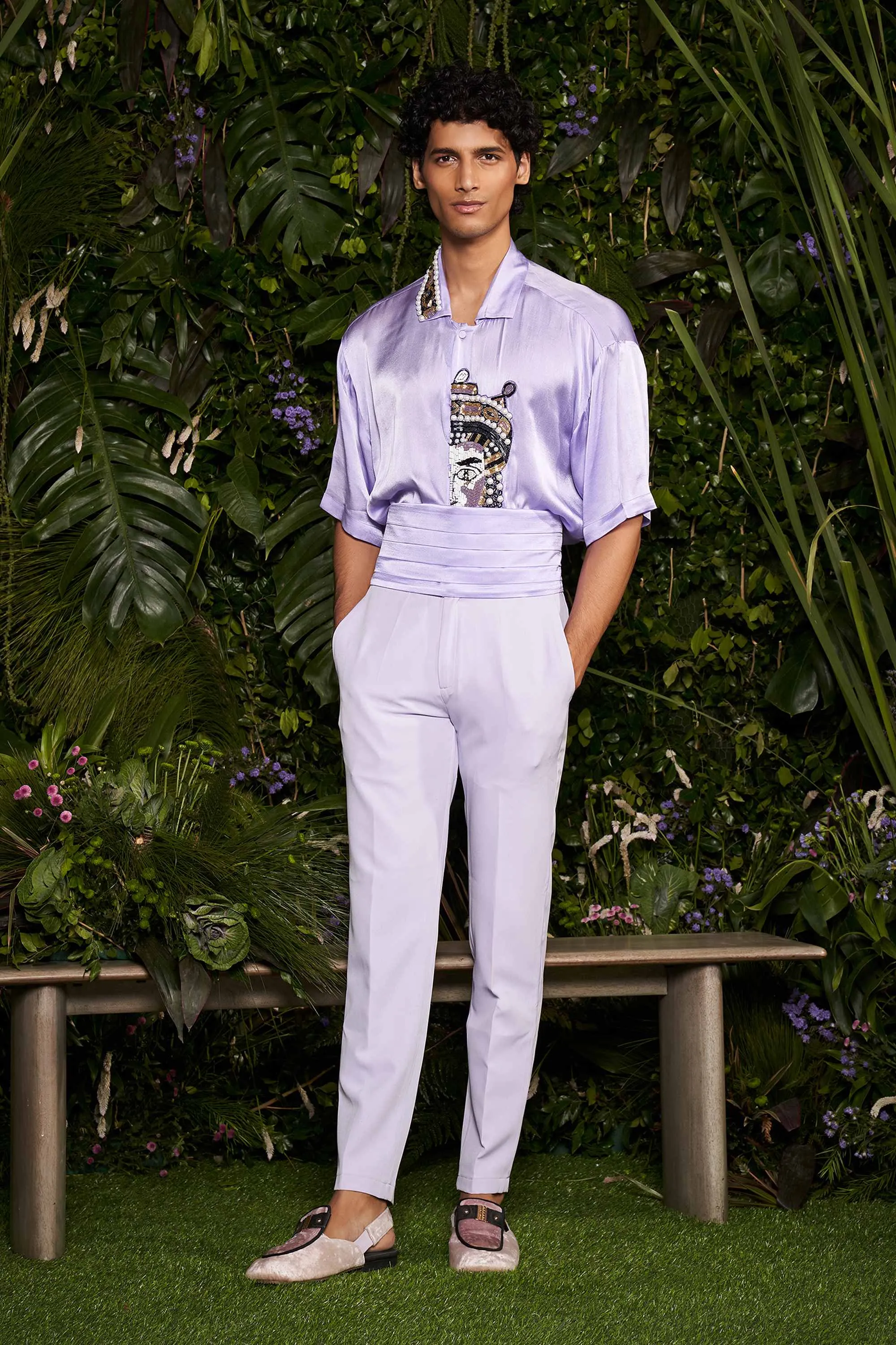 Periwinkle Antiquity Mosaic Silk Shirt with Cummerbandh