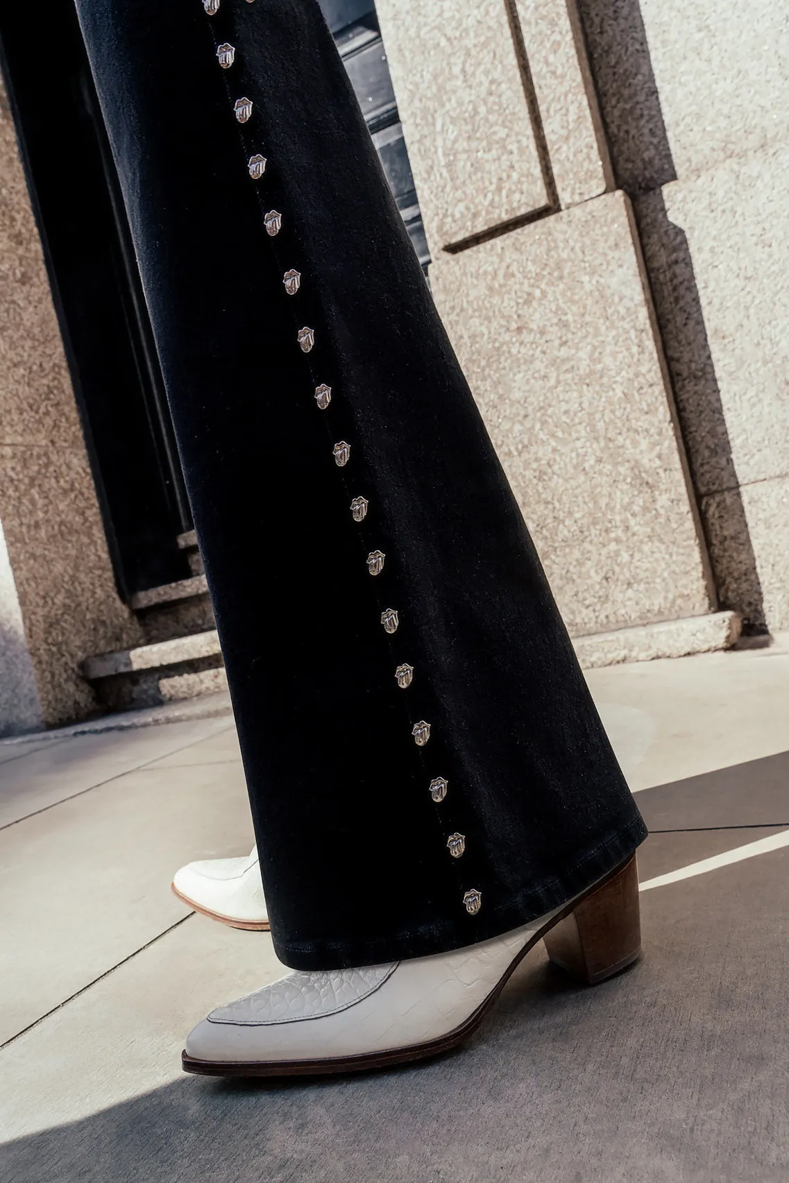Phix X Rolling Stones Black Leg Studded Logo Denim Flare