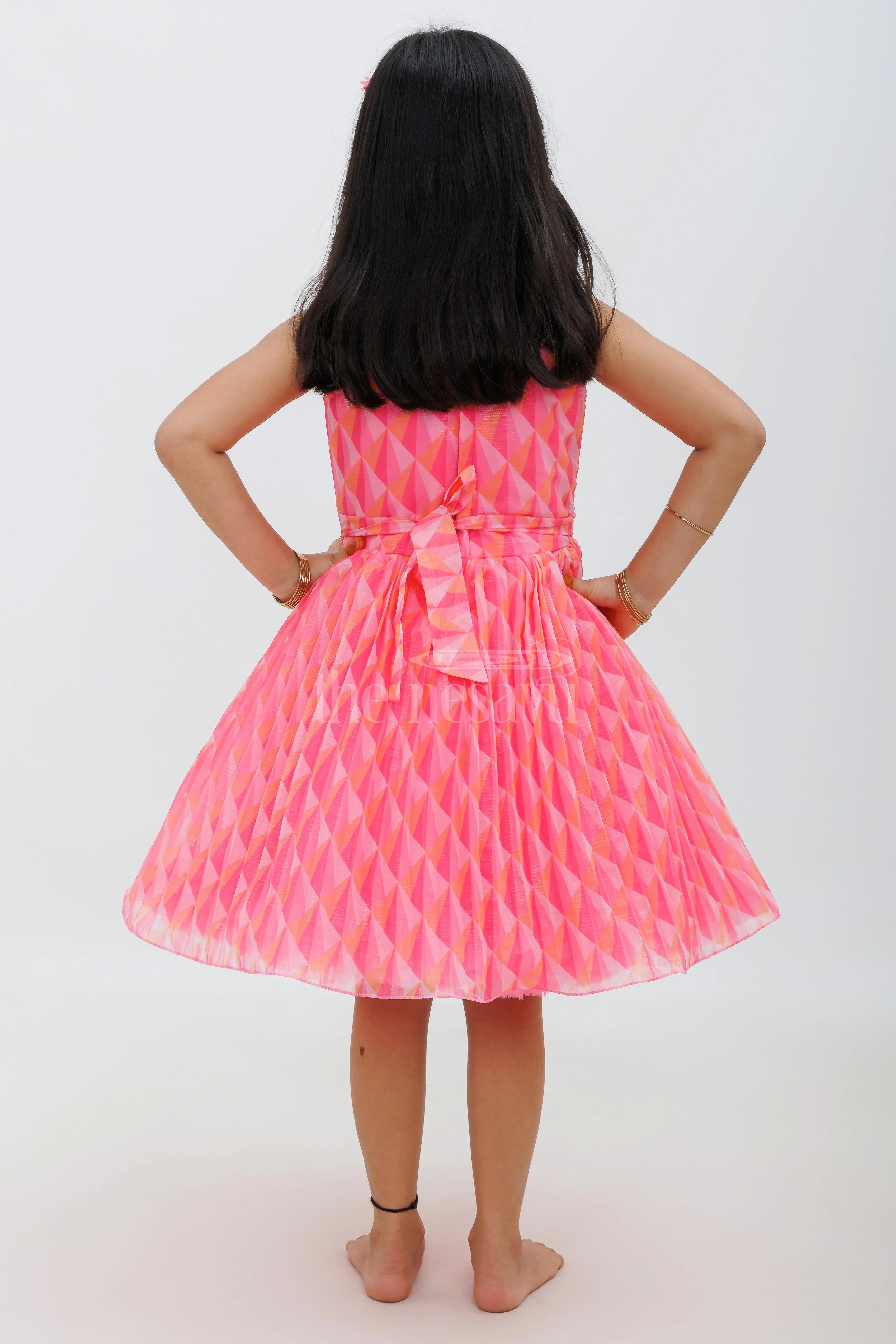 Pink Georgette Print Sleeveless Dress with Embroidery