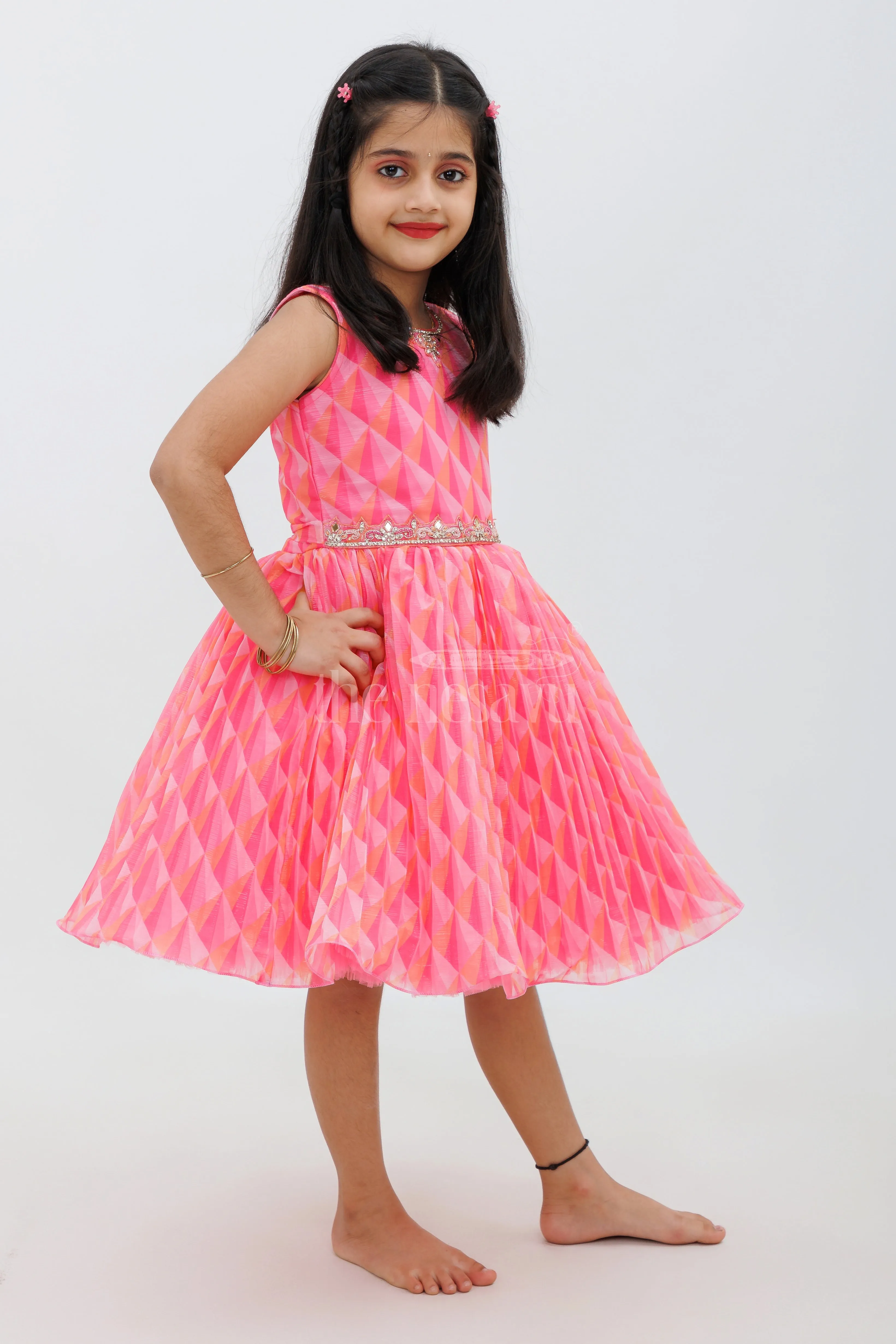 Pink Georgette Print Sleeveless Dress with Embroidery